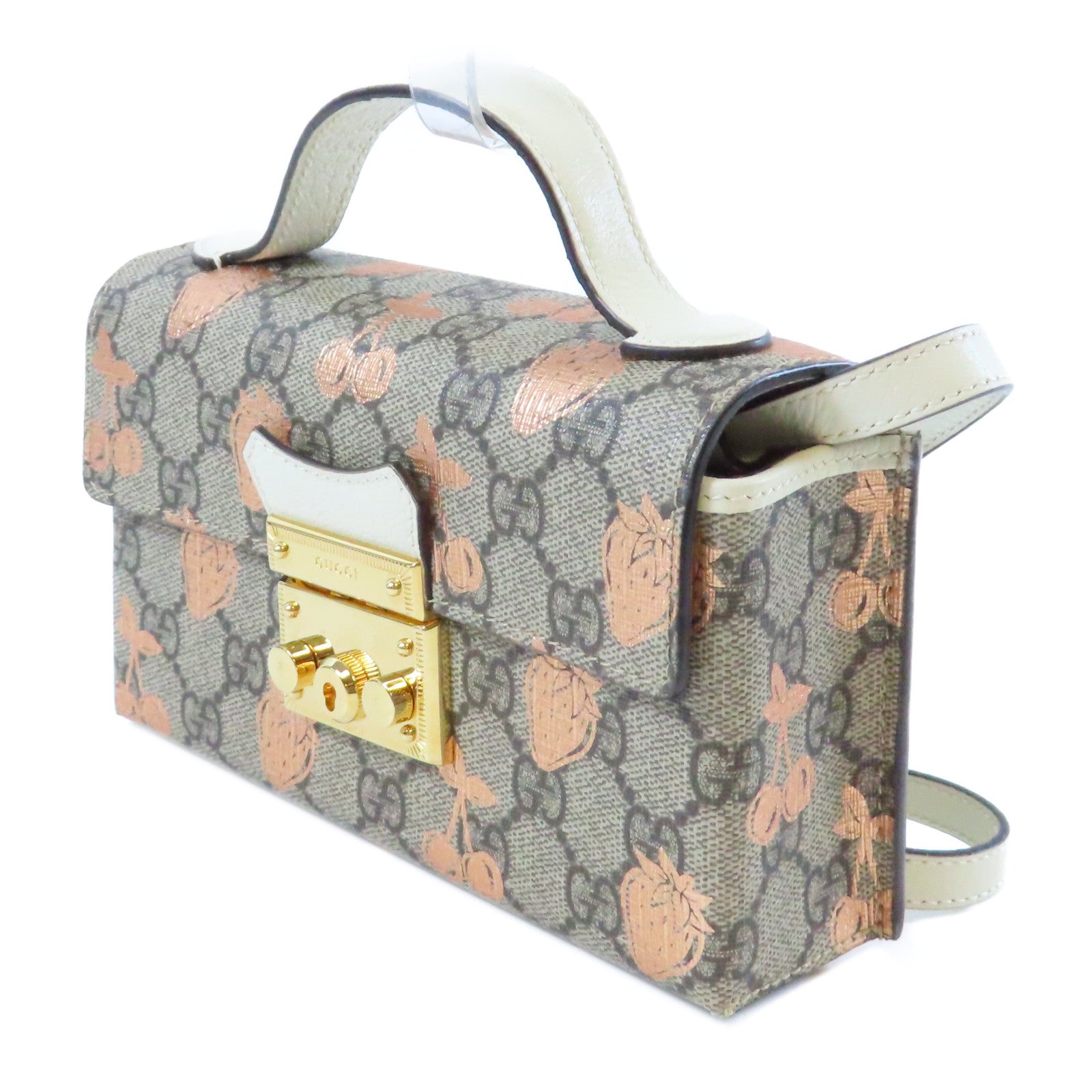 GUCCI 塗層帆布Mini Padlock Berry金扣肩背袋啡色/粉紅色