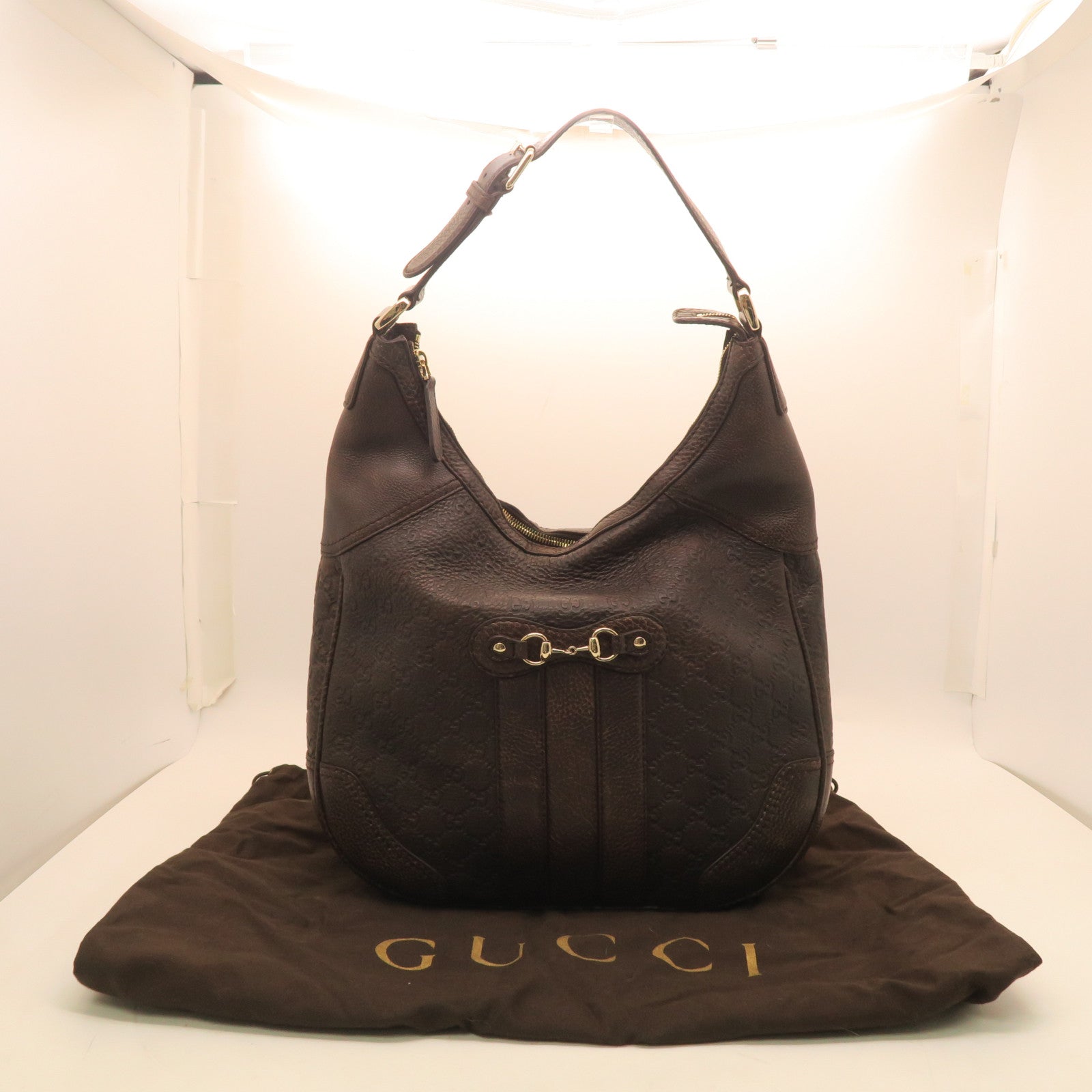 GUCCI cowhide leather Shoulder Bag gold buckle shoulder bag brown