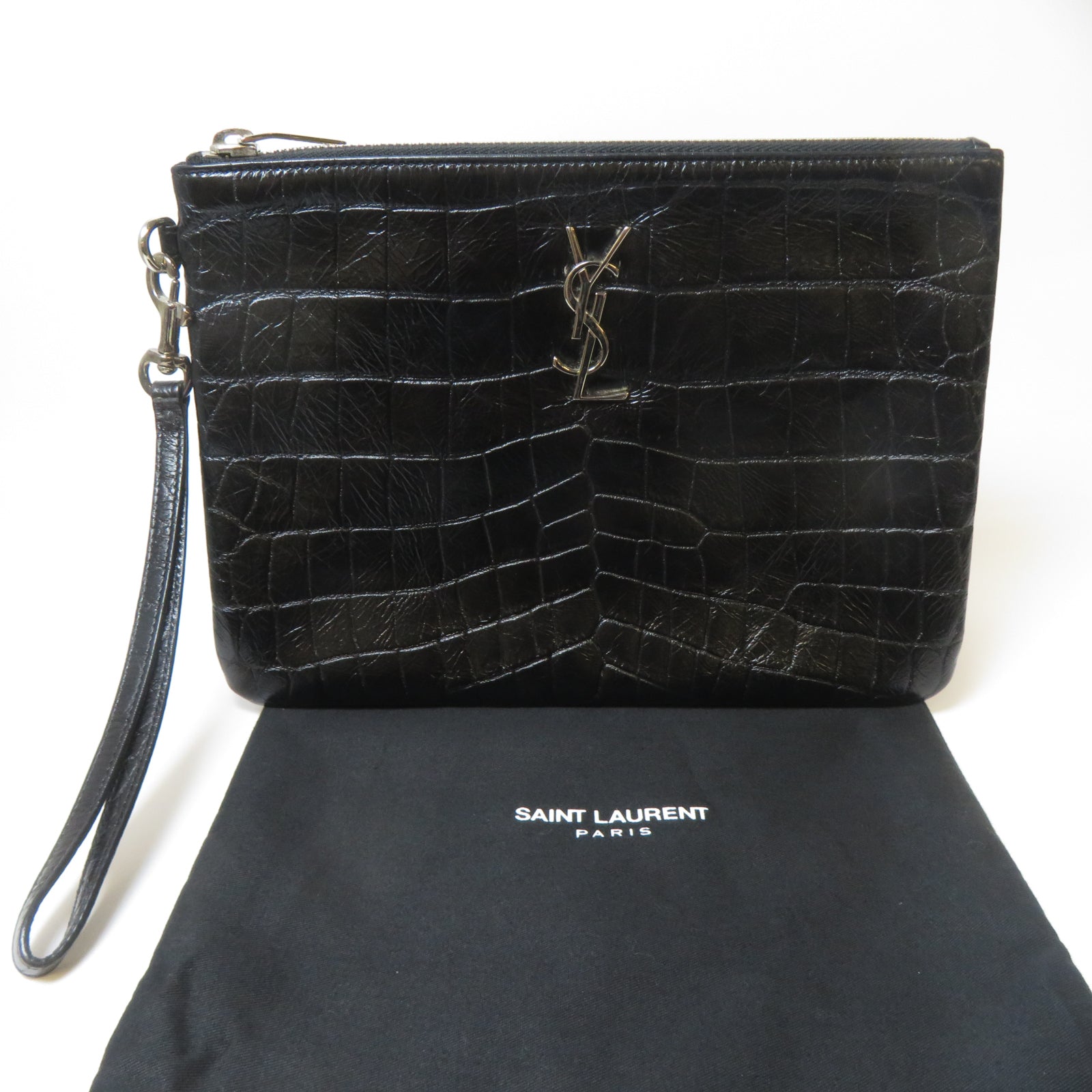 SAINT LAURENT 牛皮皮革Pouch銀扣手拿包黑色