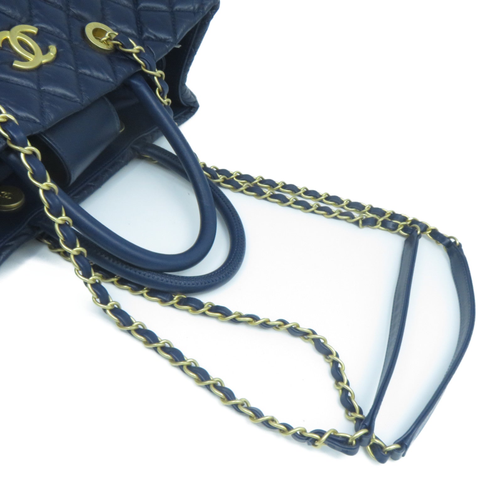 CHANEL 菱格牛皮皮革2 Way Shoulder金扣手挽肩背兩用袋深藍色
