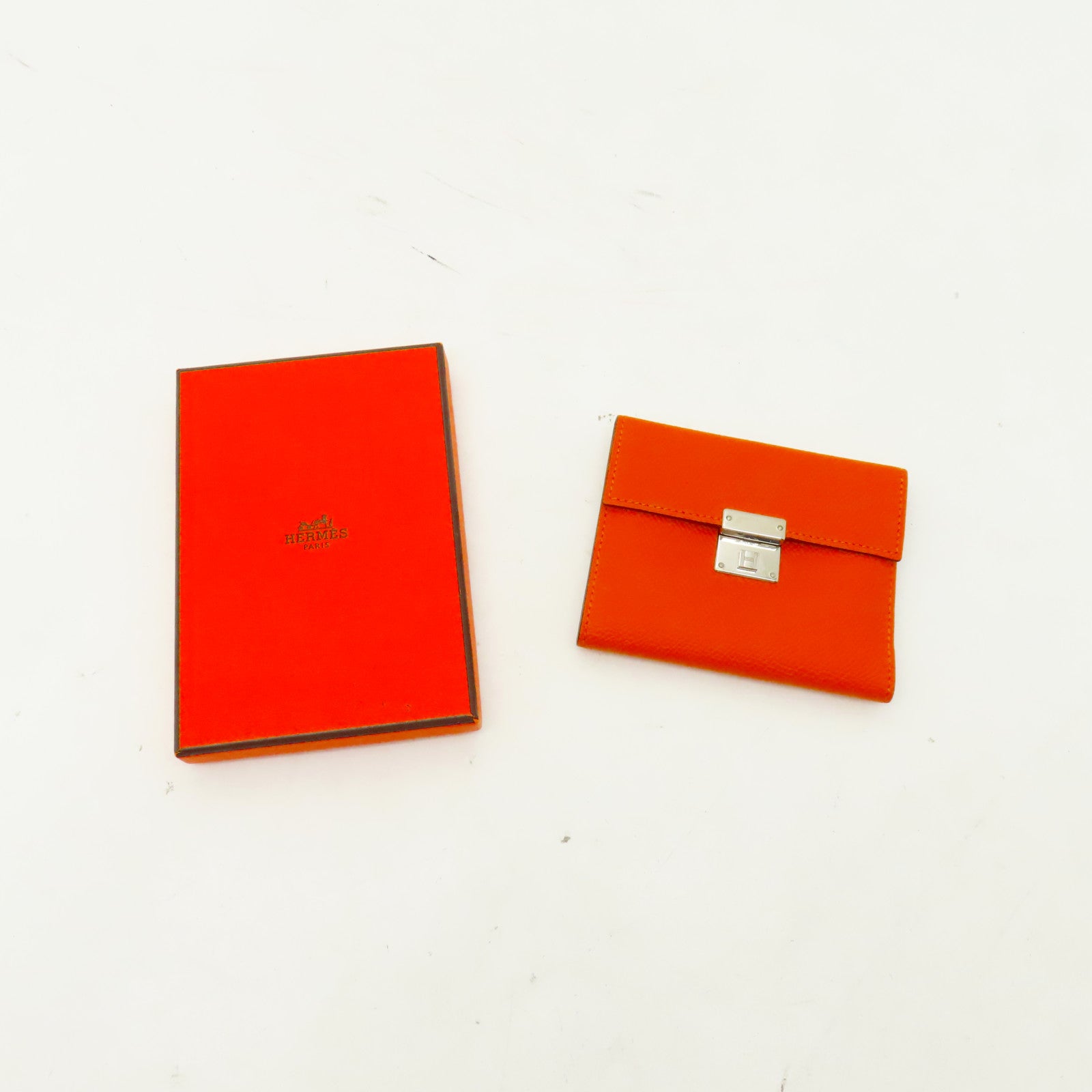 HERMES Epsom皮革Clic Mini Card Holder銀扣卡片套橙色
