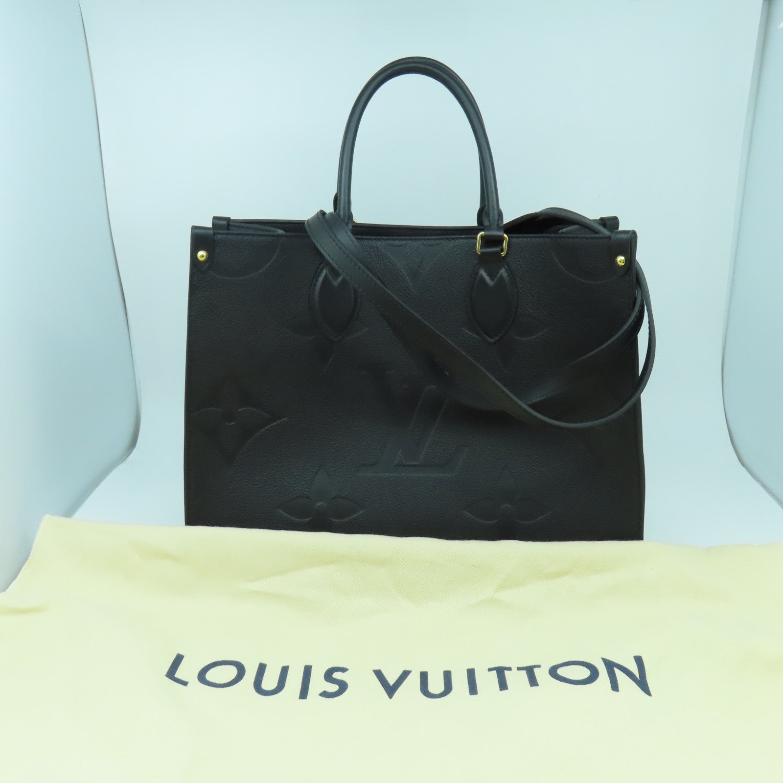 LOUIS VUITTON Monogram Empreinte On The Go MM金扣手挽肩背兩用袋黑色