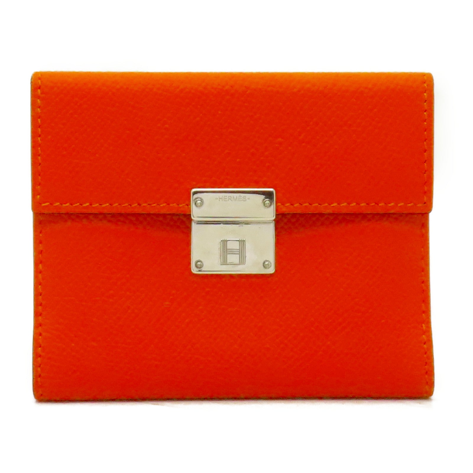 HERMES Epsom皮革Clic Mini Card Holder銀扣卡片套橙色