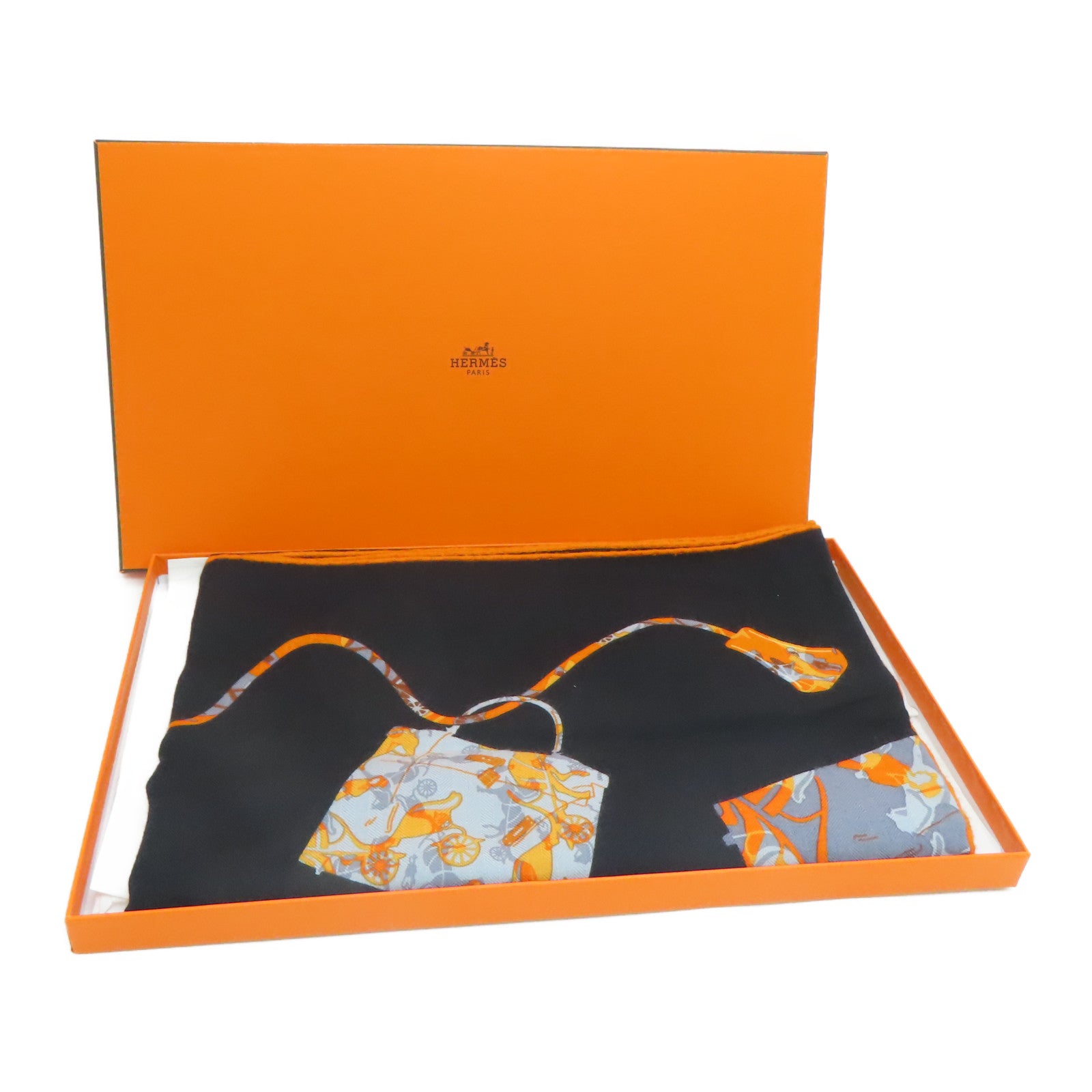 HERMES 羊绒丝质Scarf颈巾黑色橙色140x140cm