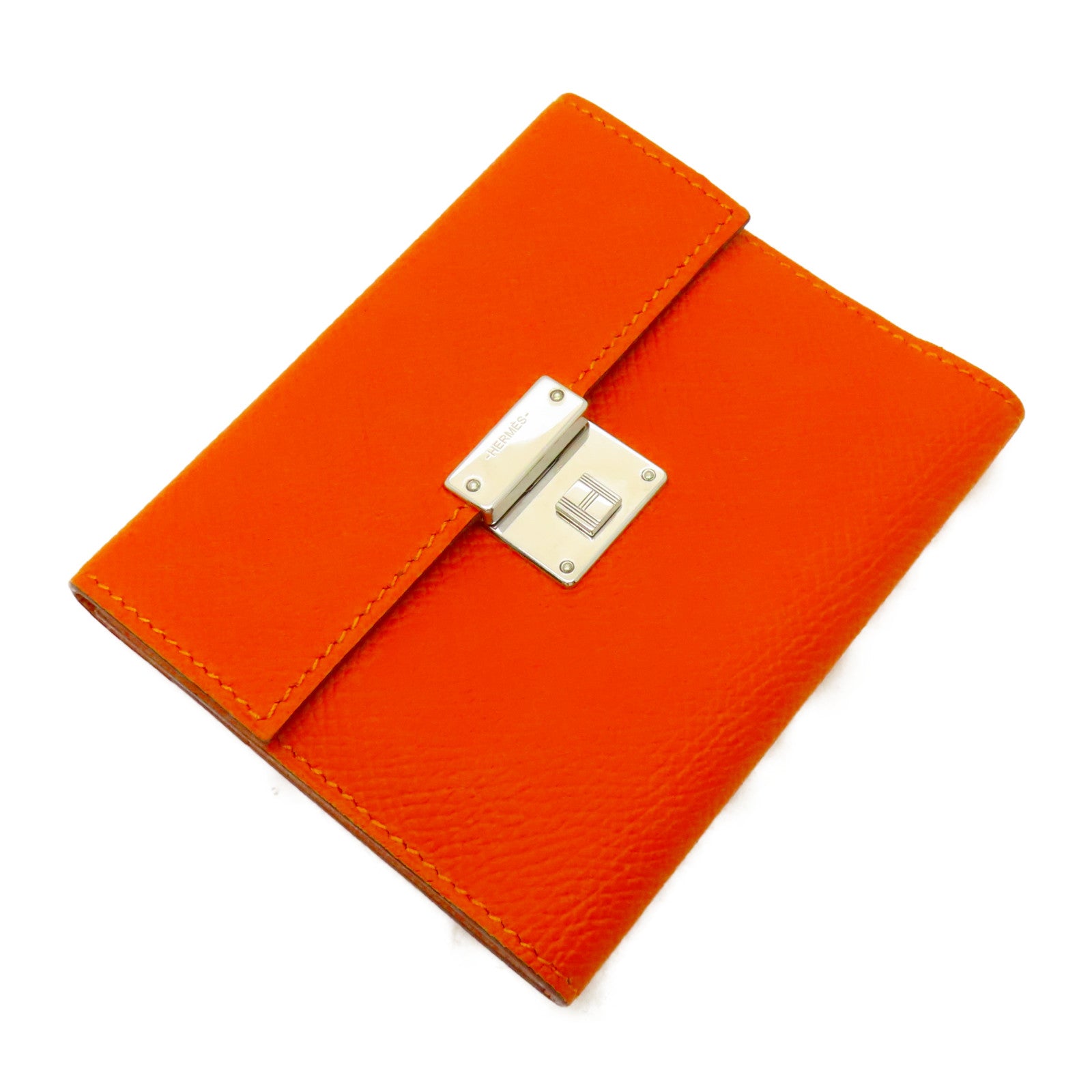 HERMES Epsom皮革Clic Mini Card Holder銀扣卡片套橙色