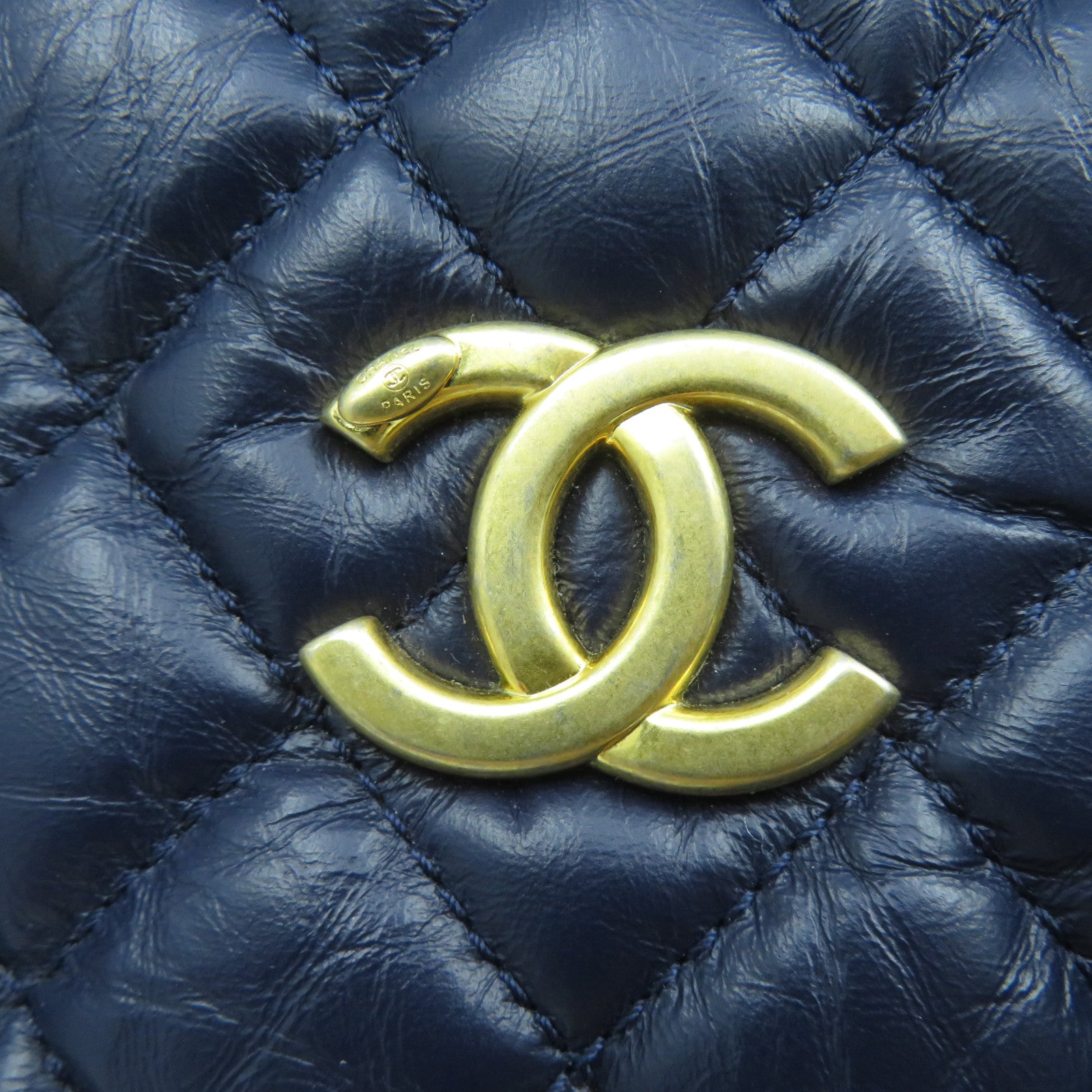 CHANEL 菱格牛皮皮革2 Way Shoulder金扣手挽肩背兩用袋深藍色