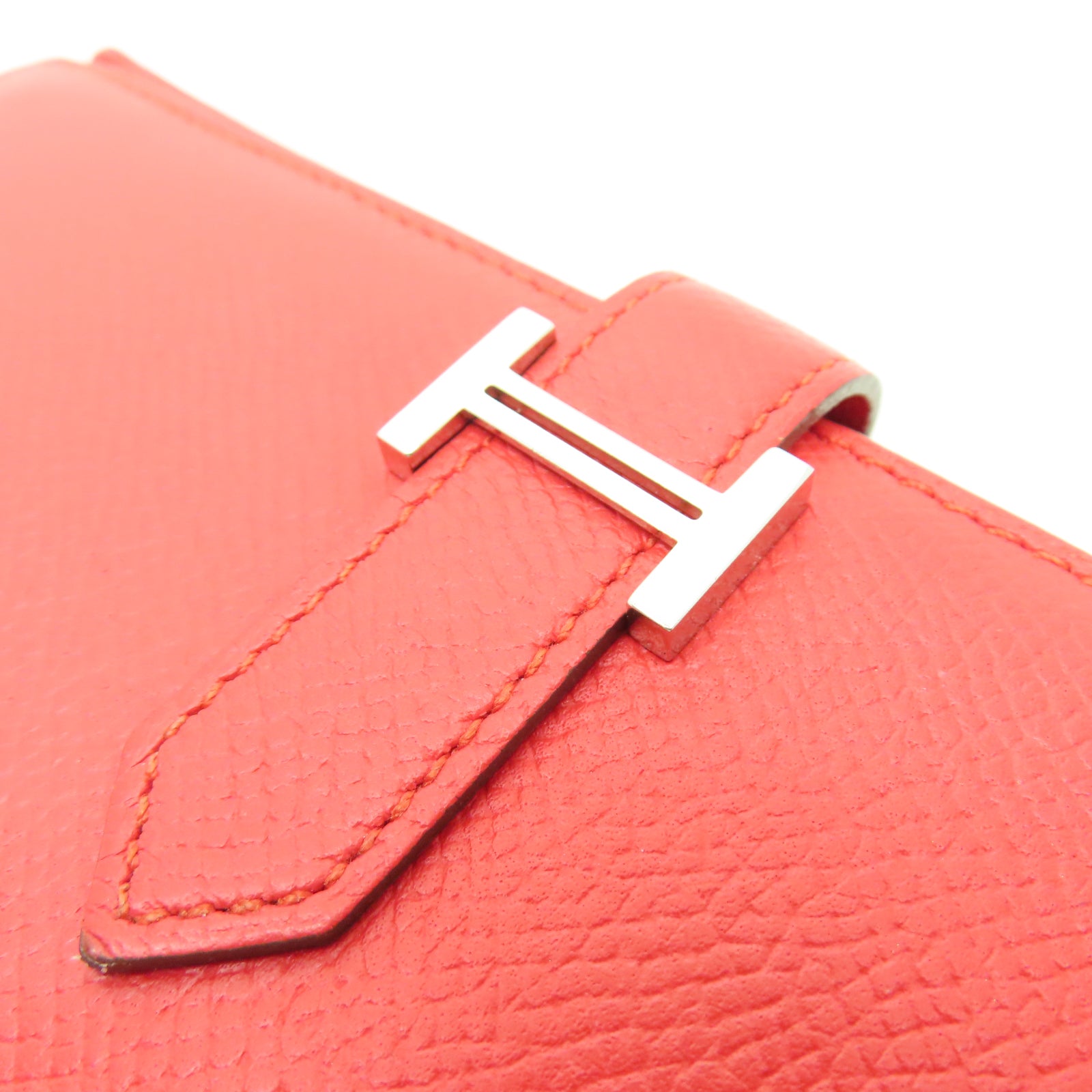 HERMES 【激減優惠】Veau Epsom皮革Bearn Bi-fold Long Wallet銀扣長錢包蕃茄紅色