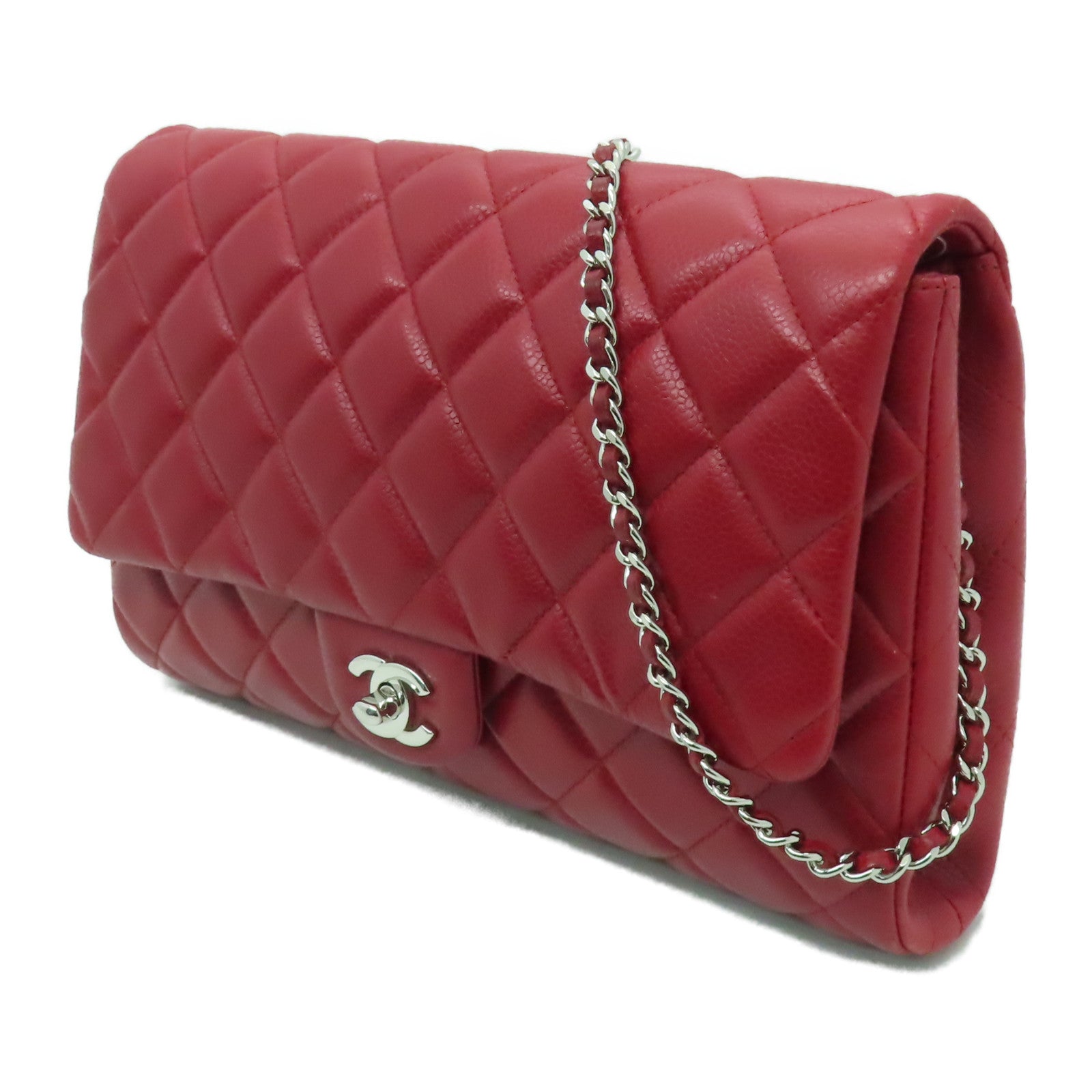CHANEL 菱格牛皮皮革Chain Shoulder銀扣鏈帶肩背袋紅色