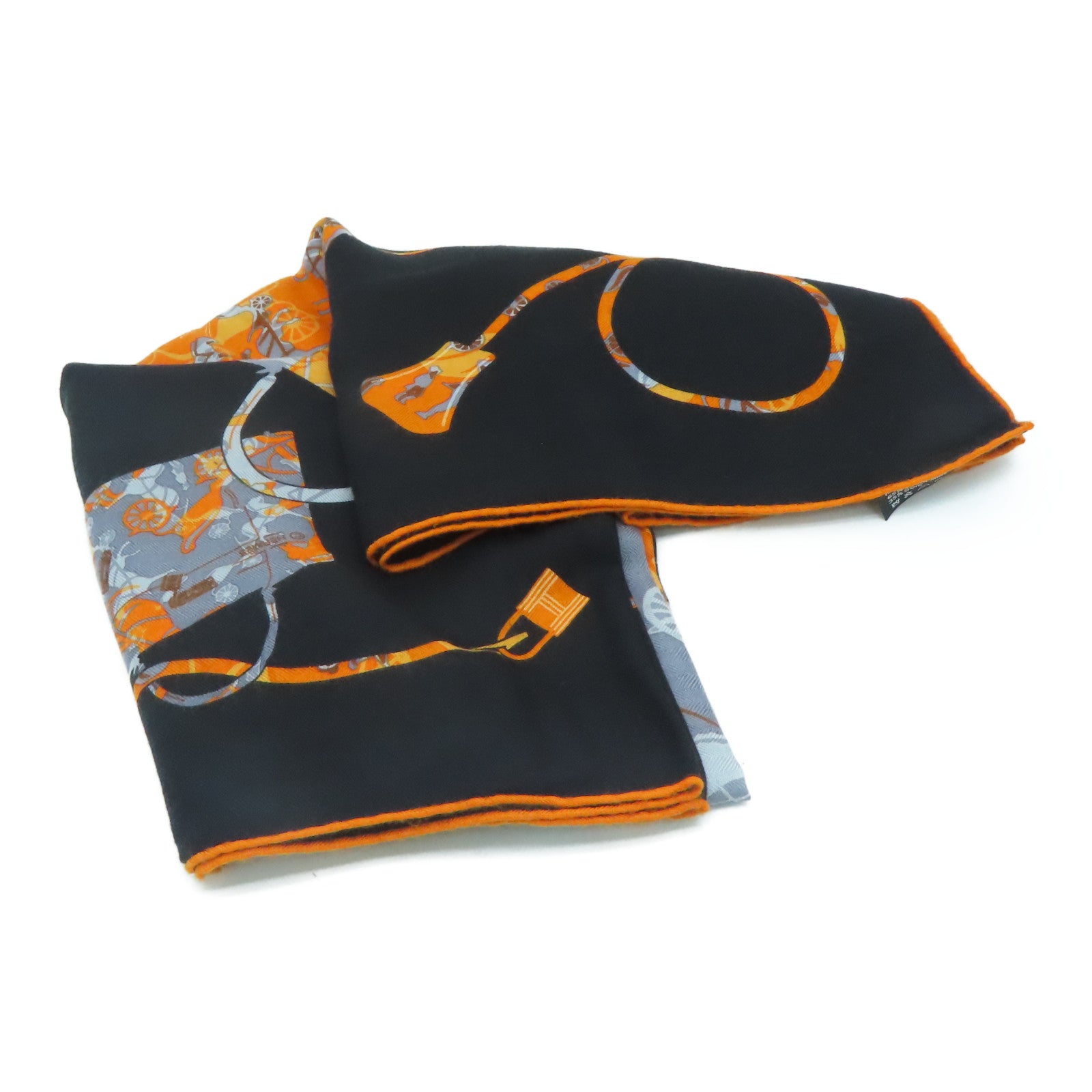 HERMES 羊绒丝质Scarf颈巾黑色橙色140x140cm