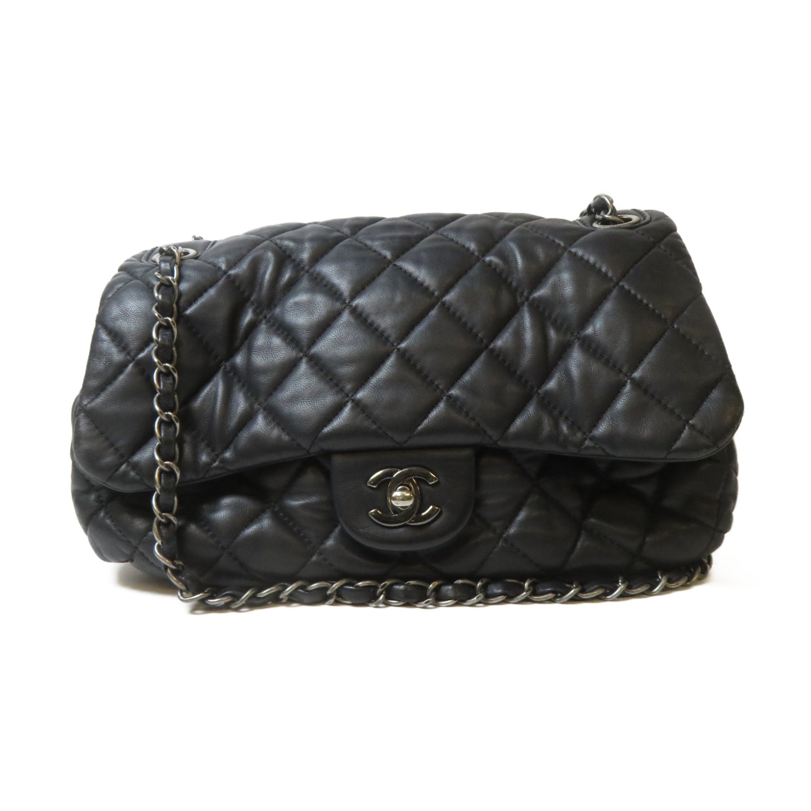 CHANEL 菱格羊皮皮革Chain Shoulder銀扣鏈帶肩背袋黑色