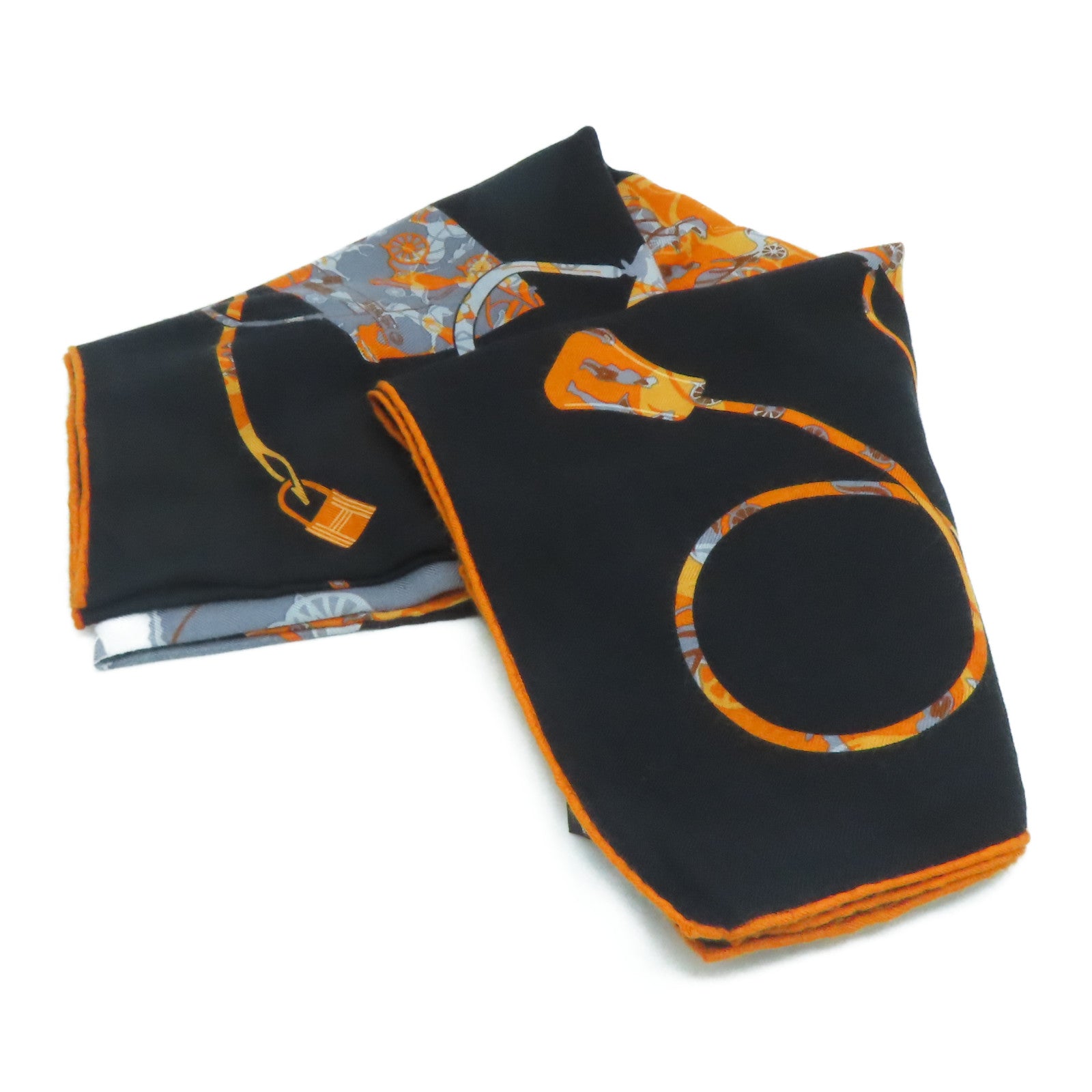 HERMES 羊绒丝质Scarf颈巾黑色橙色140x140cm