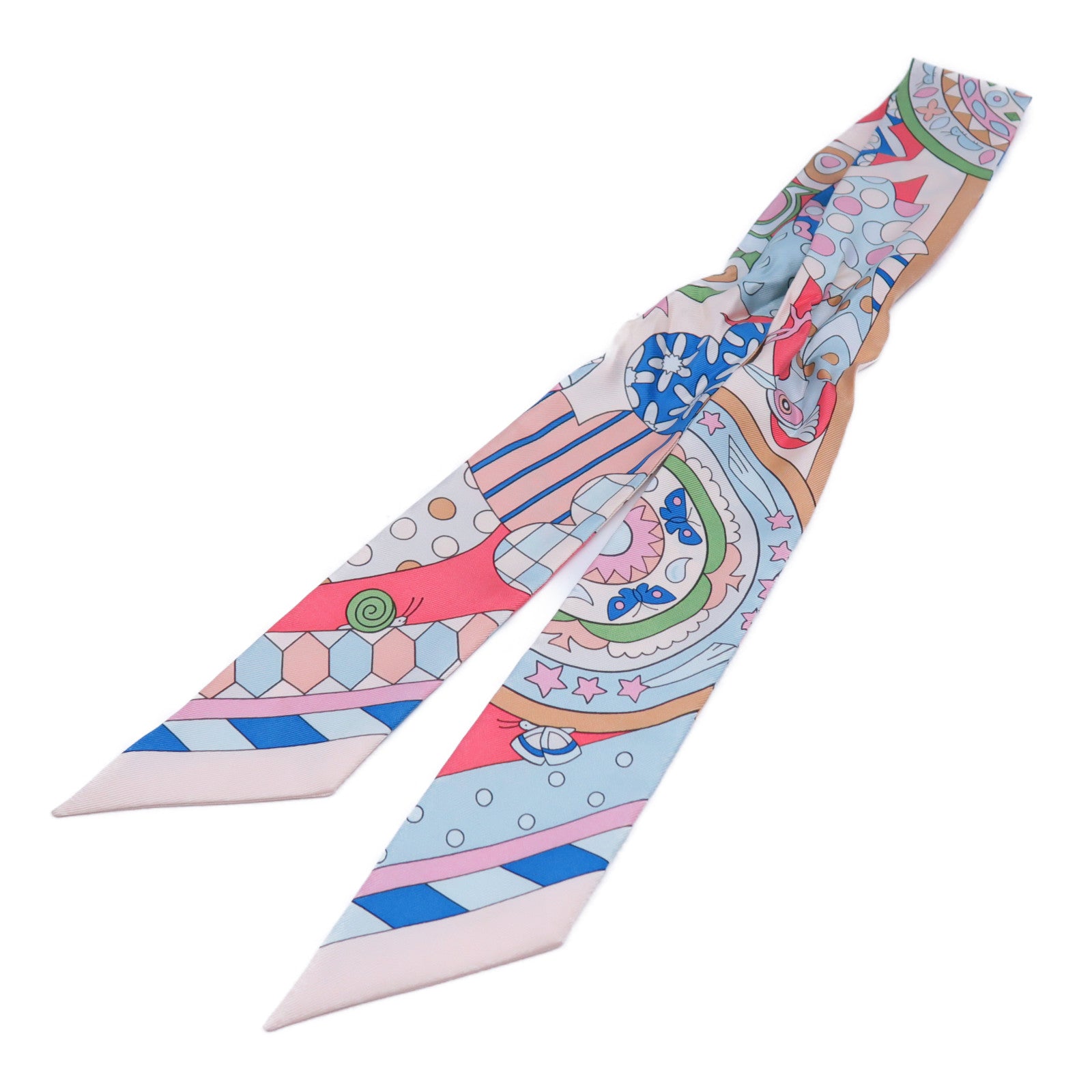 HERMES 絲質Twilly絲巾粉紅色/藍色/多色