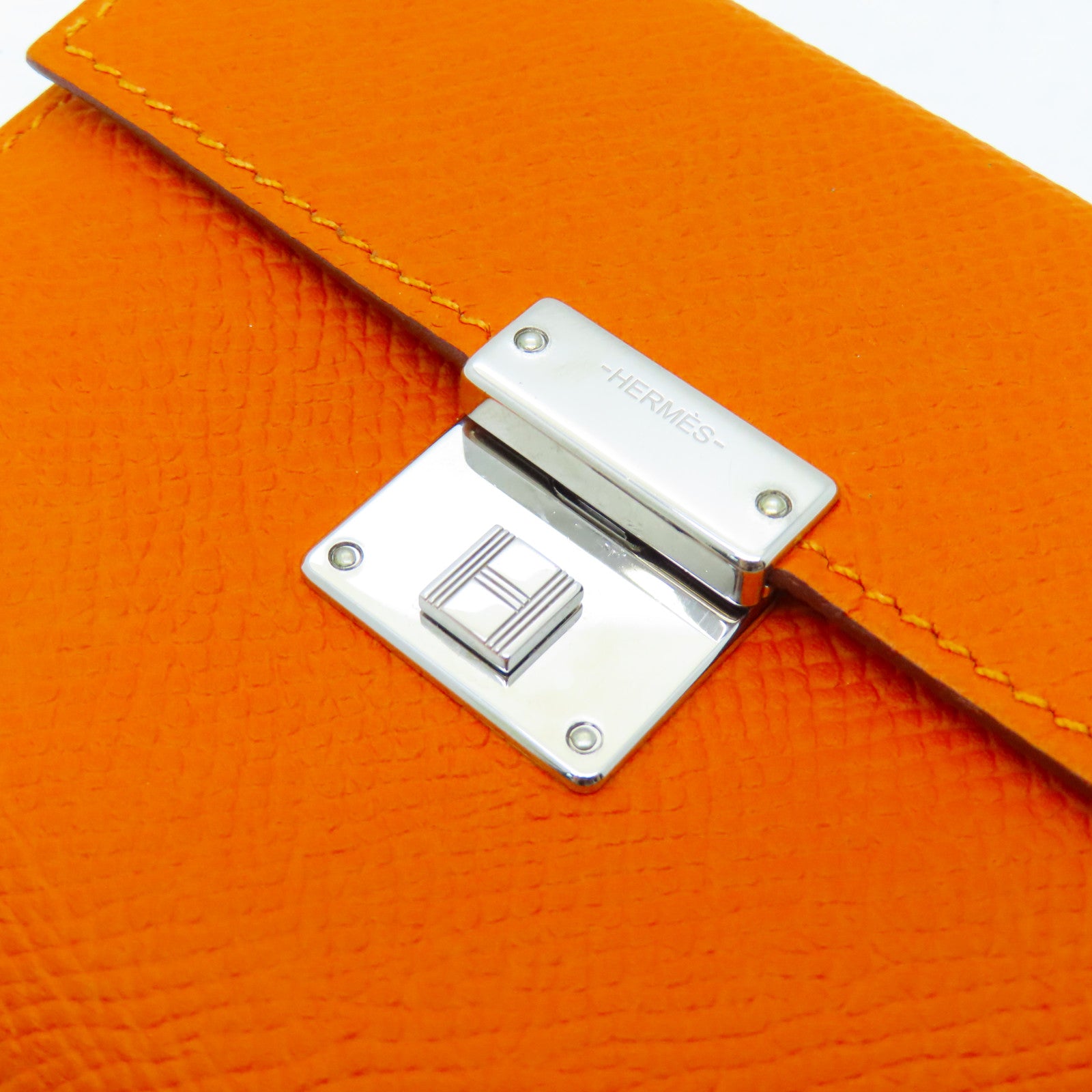 HERMES Epsom皮革Clic Mini Card Holder銀扣卡片套橙色