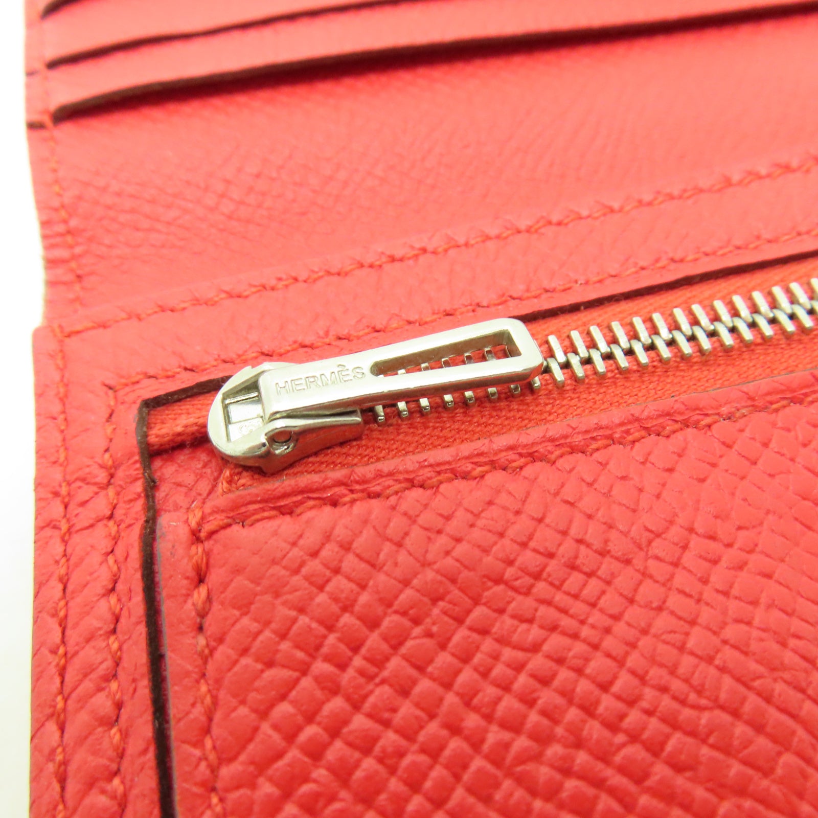 HERMES 【激減優惠】Veau Epsom皮革Bearn Bi-fold Long Wallet銀扣長錢包蕃茄紅色