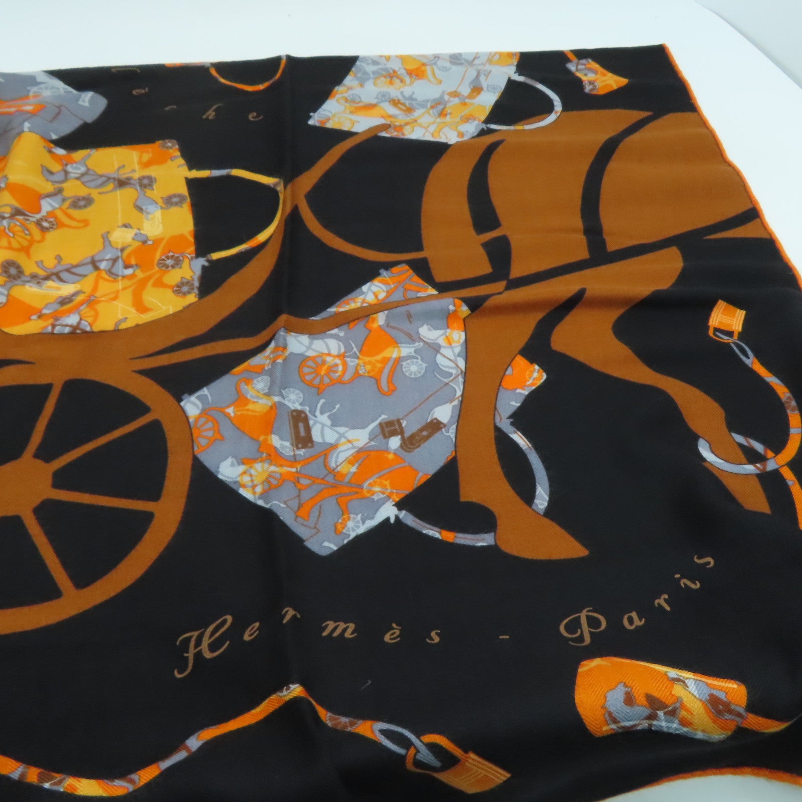 HERMES 羊绒丝质Scarf颈巾黑色橙色140x140cm