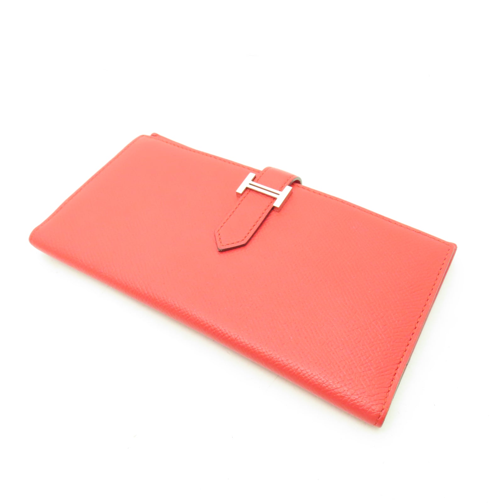HERMES 【激減優惠】Veau Epsom皮革Bearn Bi-fold Long Wallet銀扣長錢包蕃茄紅色