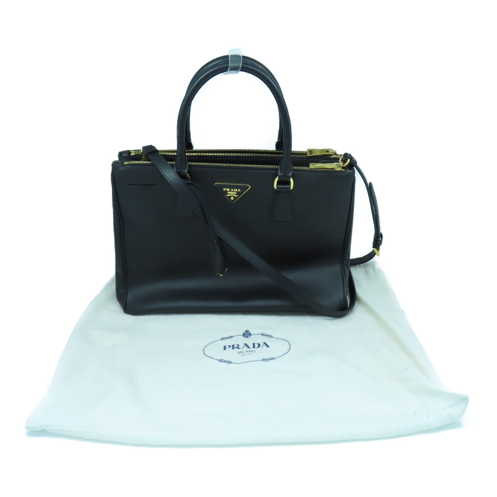 PRADA Saffiano皮革Galleria 2 Way Shoulder金扣手挽肩背袋黑色