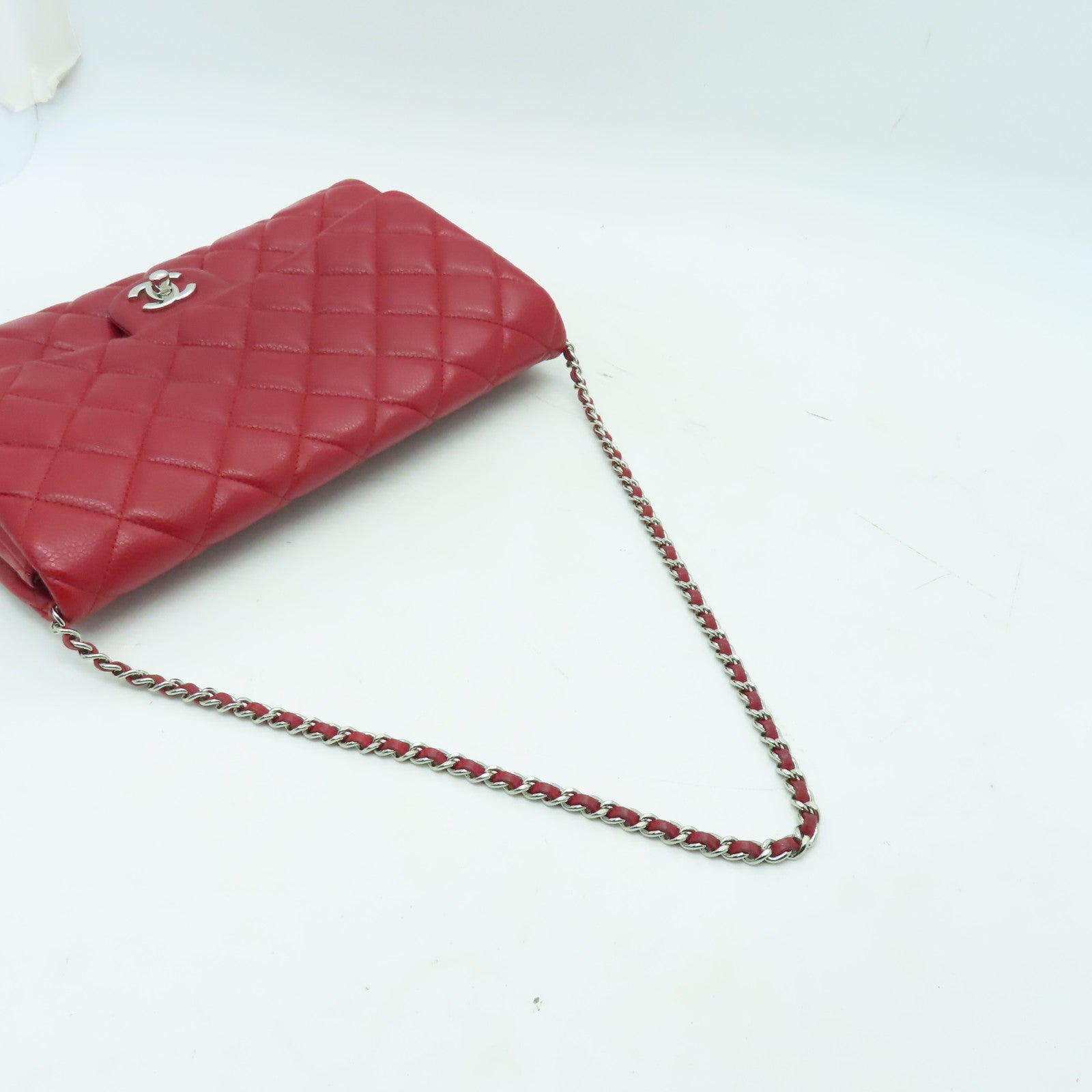 CHANEL 菱格牛皮皮革Chain Shoulder銀扣鏈帶肩背袋紅色
