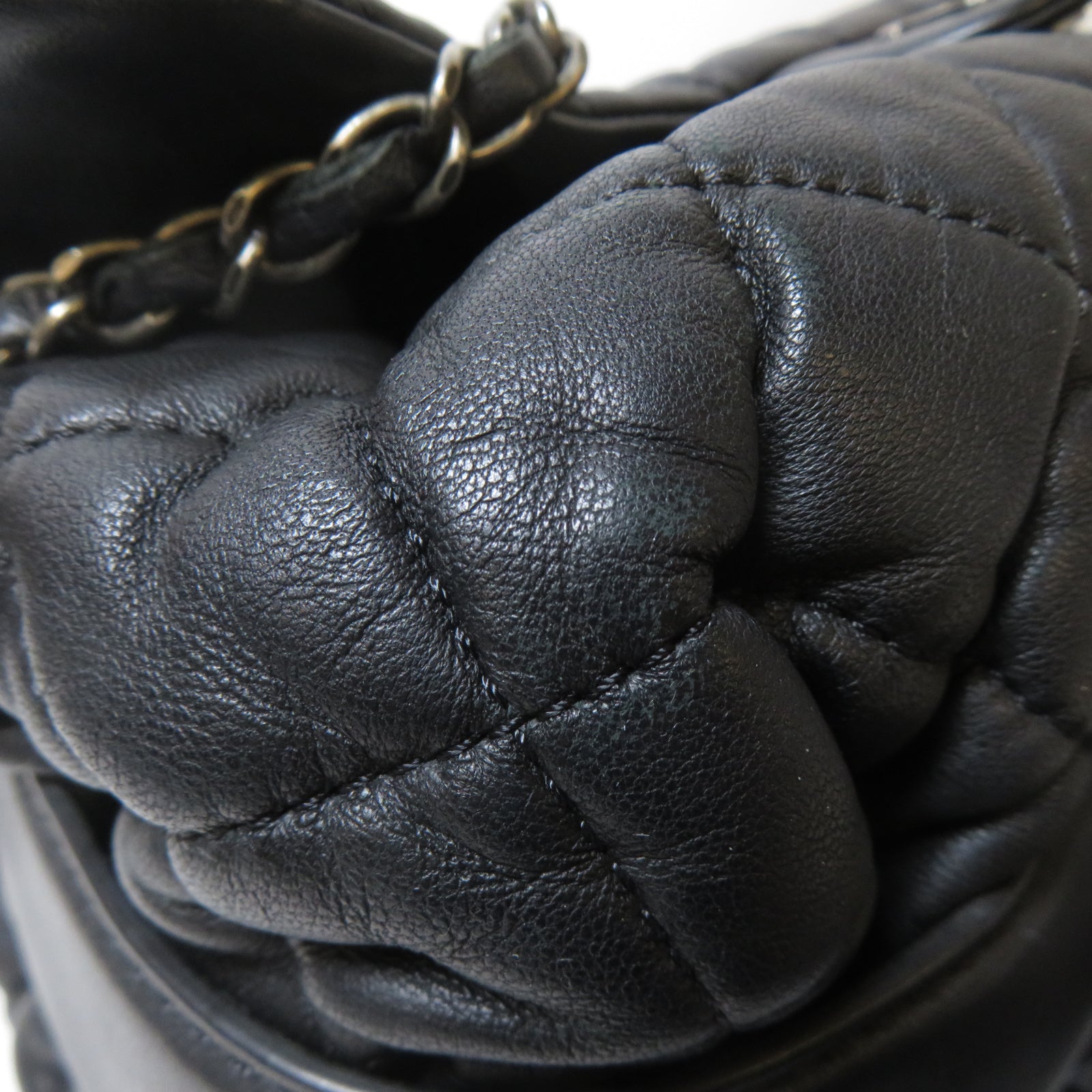 CHANEL 菱格羊皮皮革Chain Shoulder銀扣鏈帶肩背袋黑色