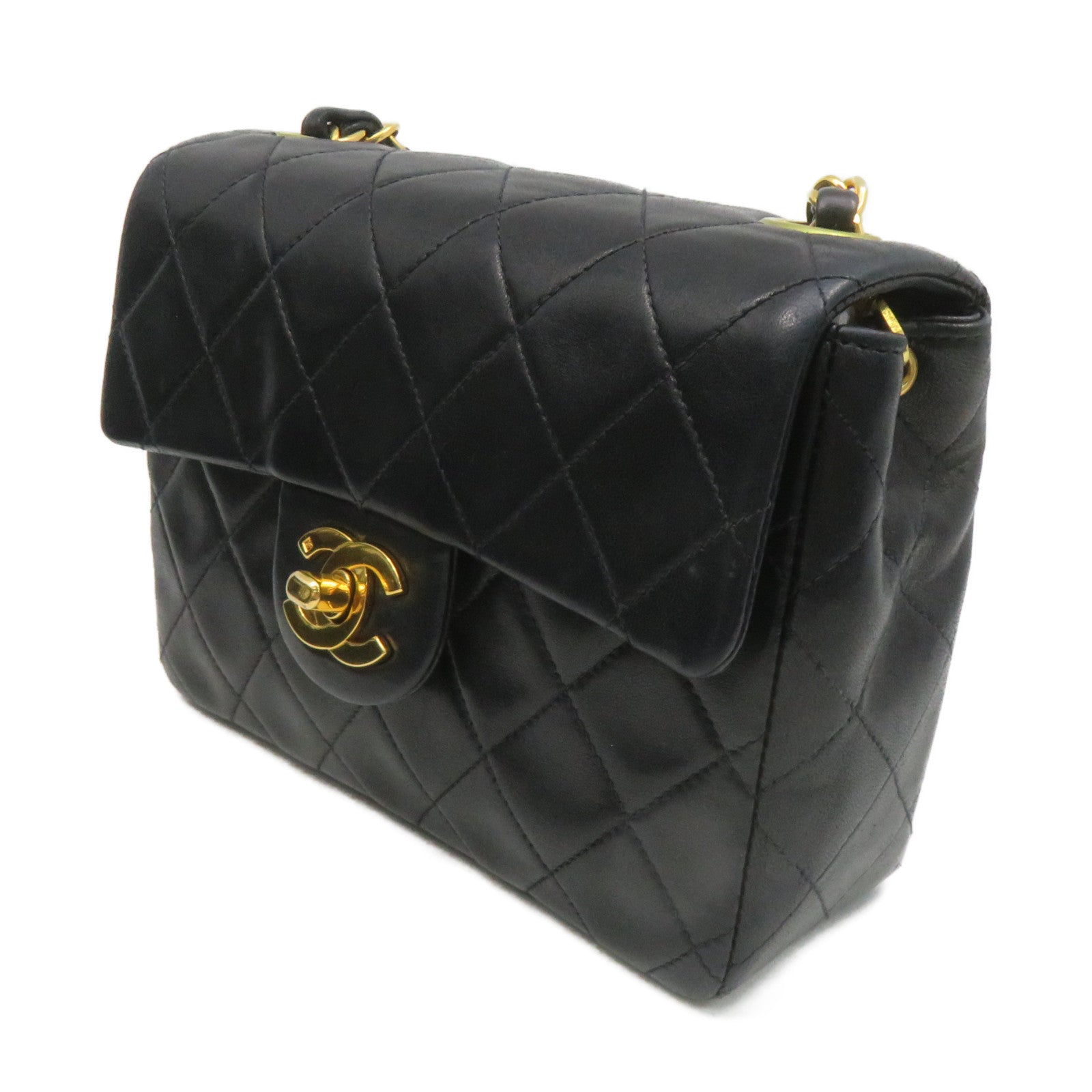 CHANEL 菱格羊皮皮革Chain Shoulder Bag金扣鏈帶肩背袋黑色