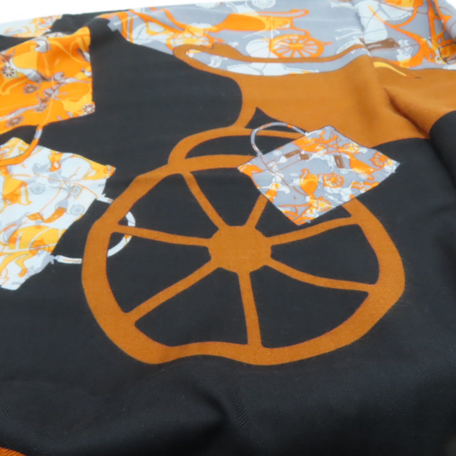 HERMES 羊绒丝质Scarf颈巾黑色橙色140x140cm
