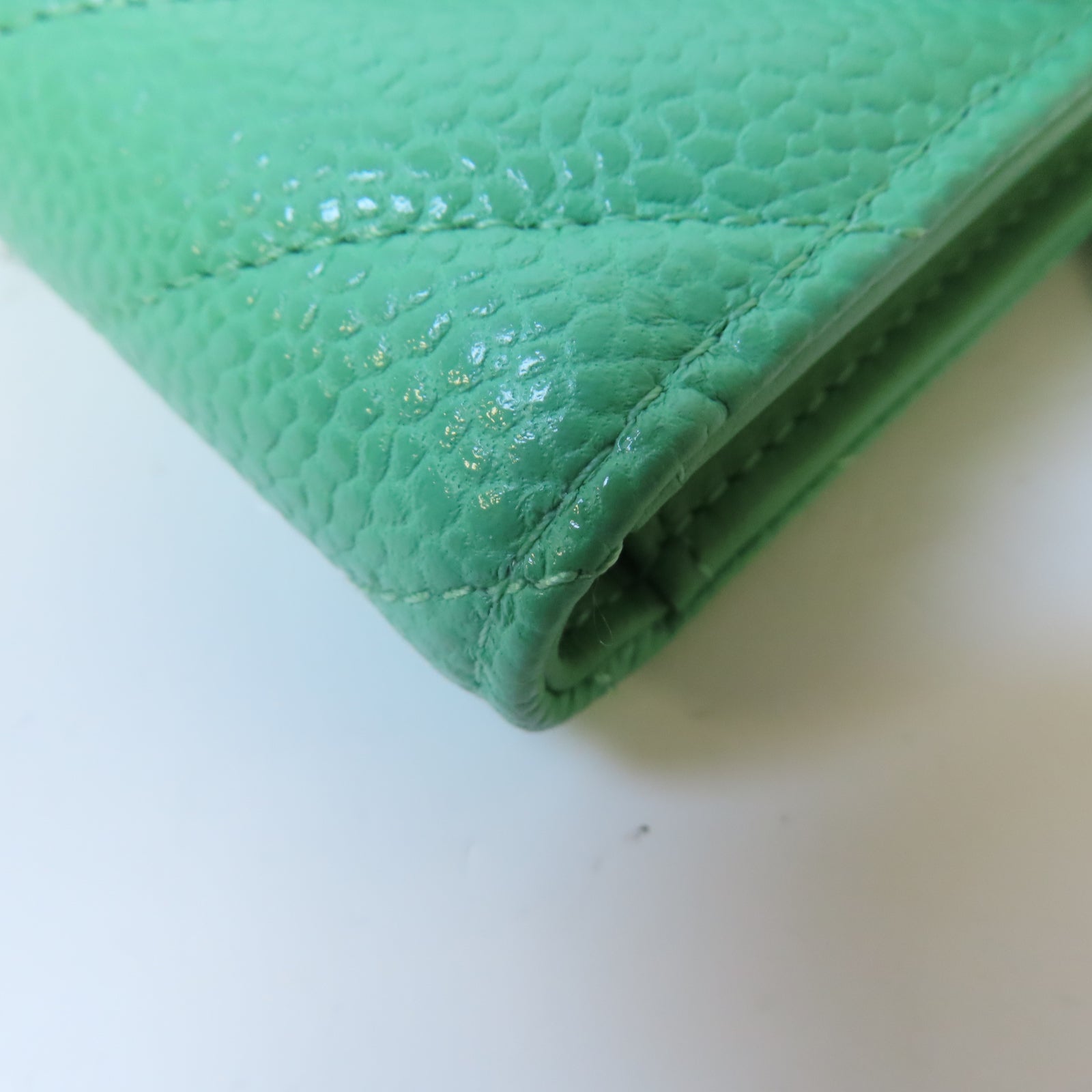 CHANEL 斜紋牛皮皮革Fold Wallet銀扣錢包綠色