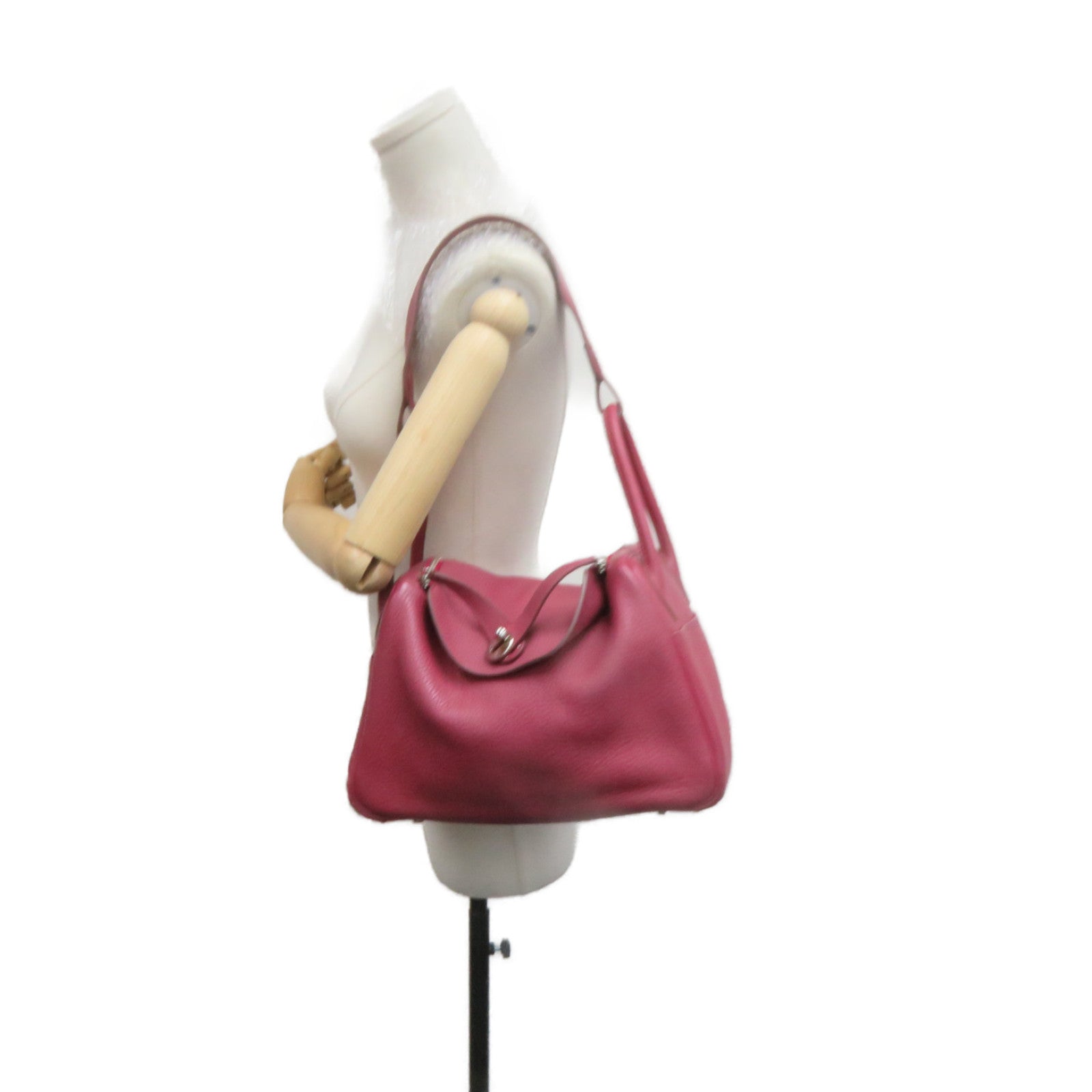 HERMES Clemence Leather Lindy 30 2Way Shoulder Bag Silver Buckle Handle Shoulder Bag Ruby Wine Red