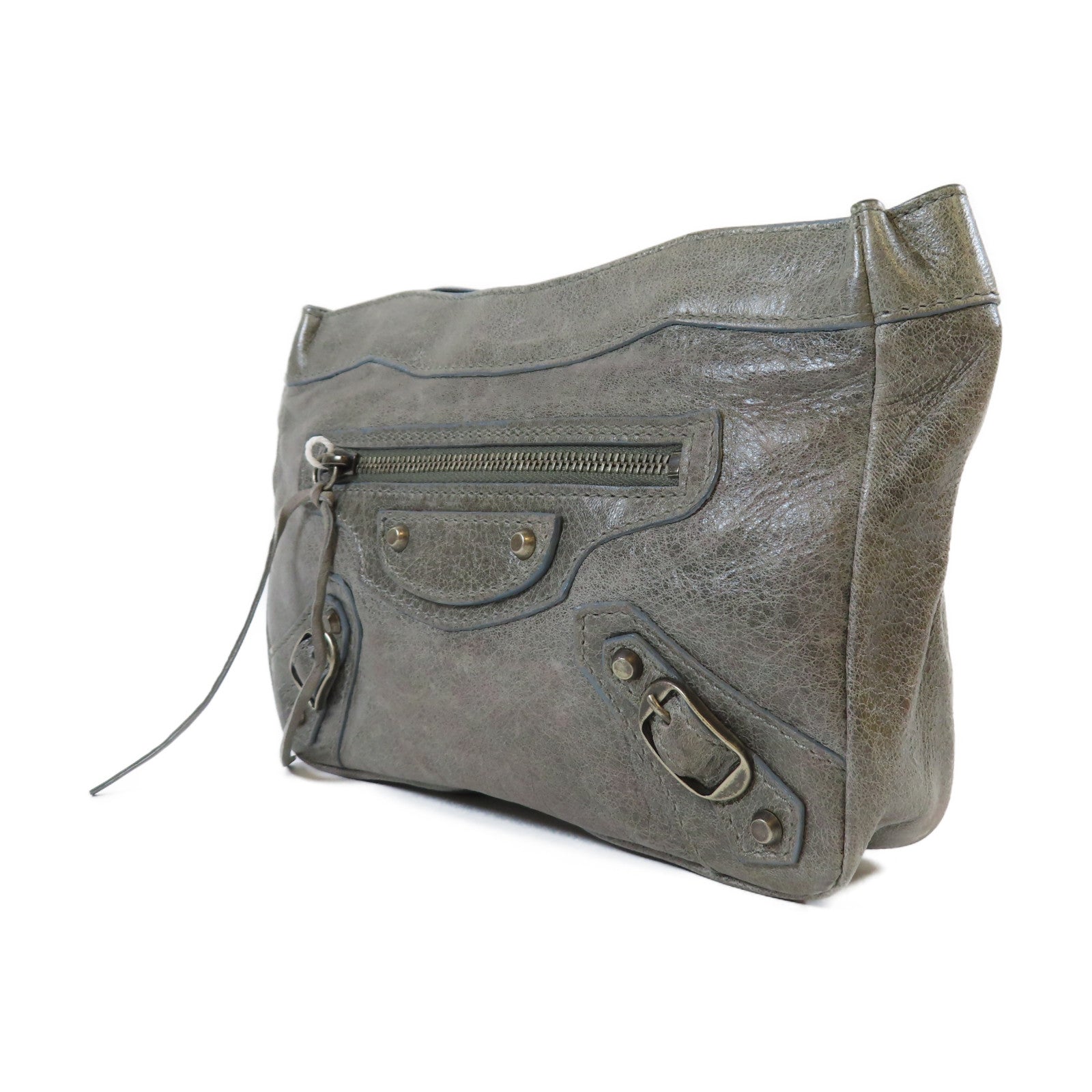 BALENCIAGA 牛皮皮革Pouch黑扣小袋灰色