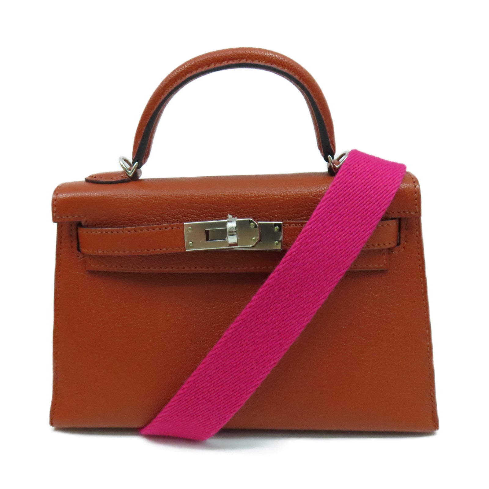 HERMES Chevre皮革Mini Kelly II銀扣手挽肩背兩用袋橙色/粉紅色