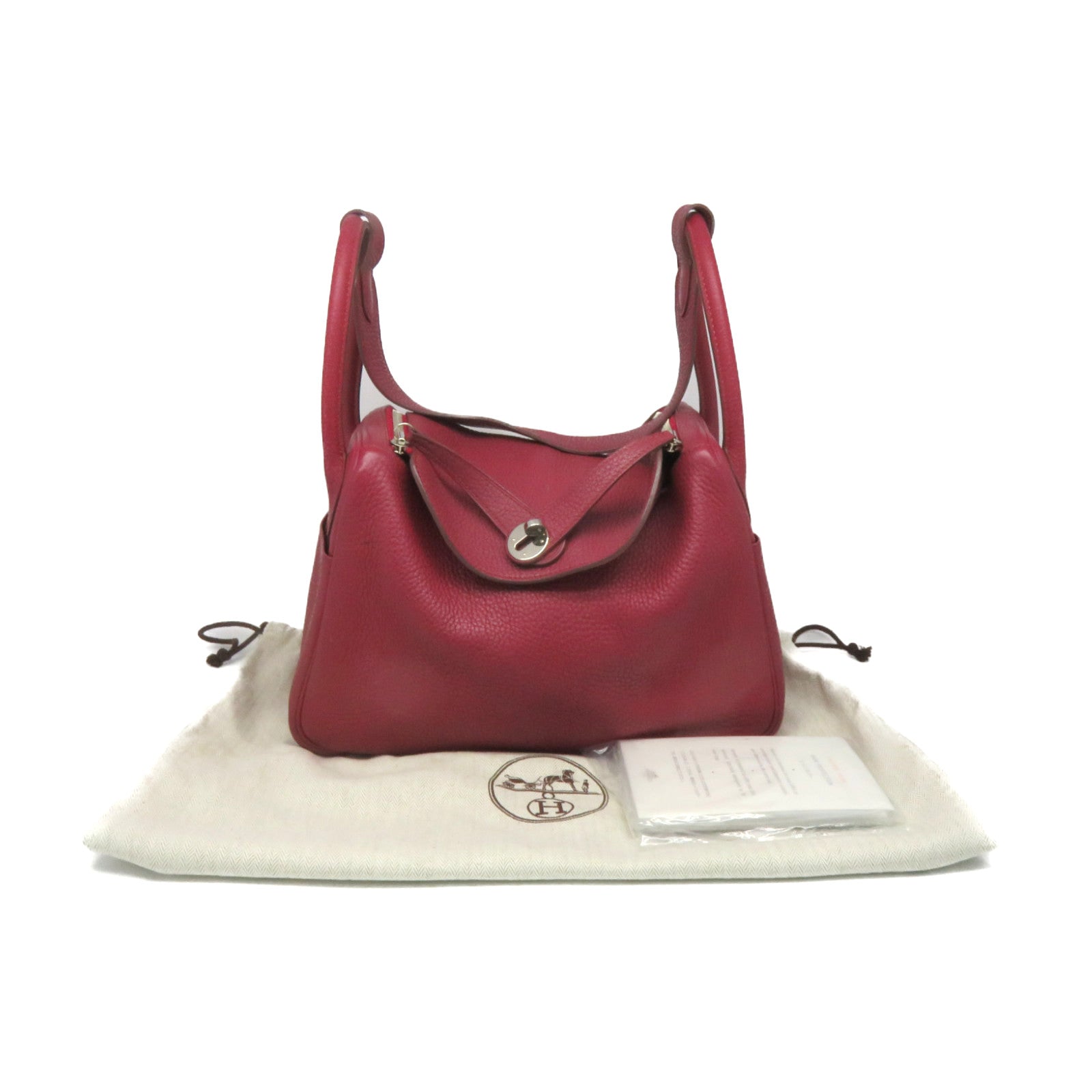 HERMES Clemence Leather Lindy 30 2Way Shoulder Bag Silver Buckle Handle Shoulder Bag Ruby Wine Red