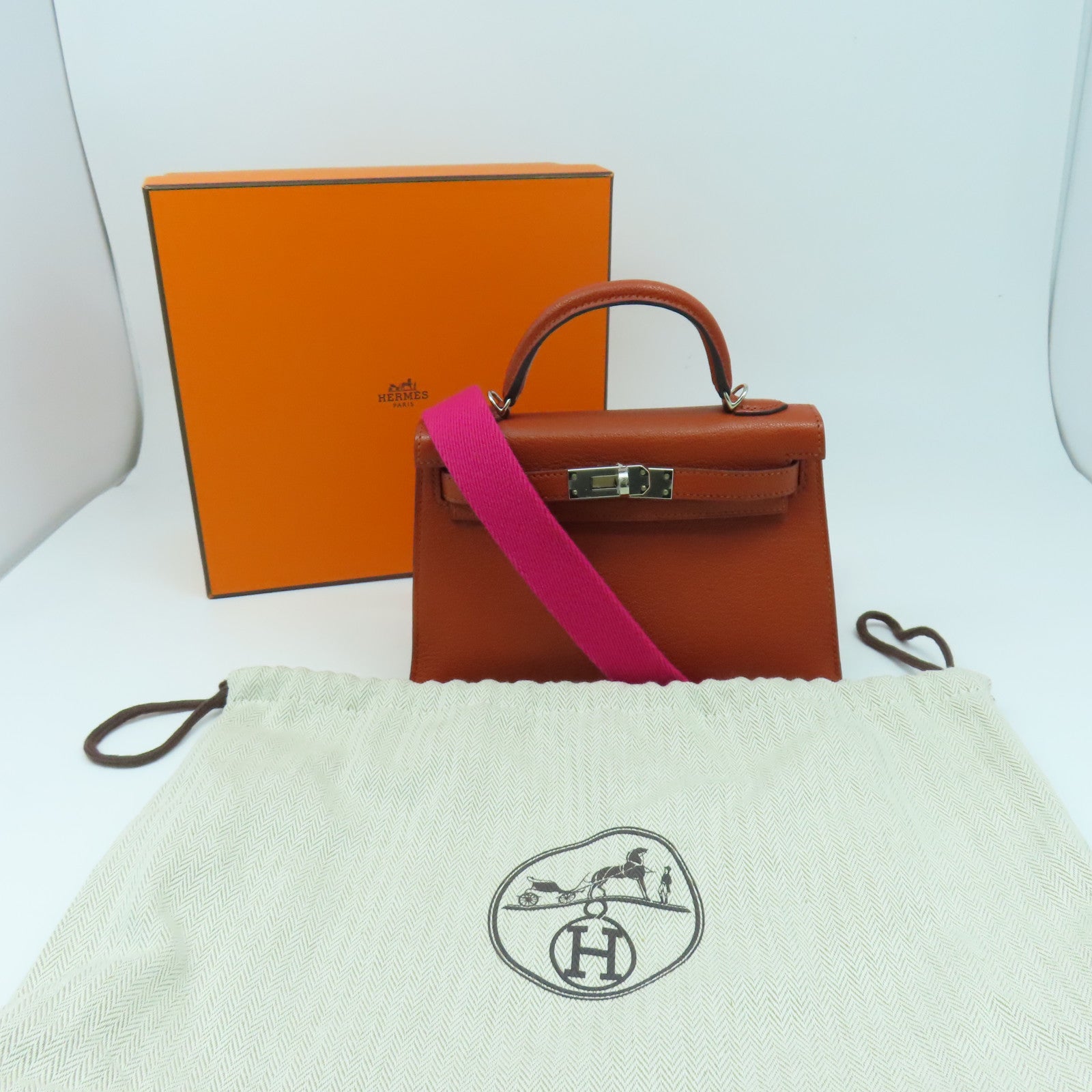 HERMES Chevre皮革Mini Kelly II銀扣手挽肩背兩用袋橙色/粉紅色
