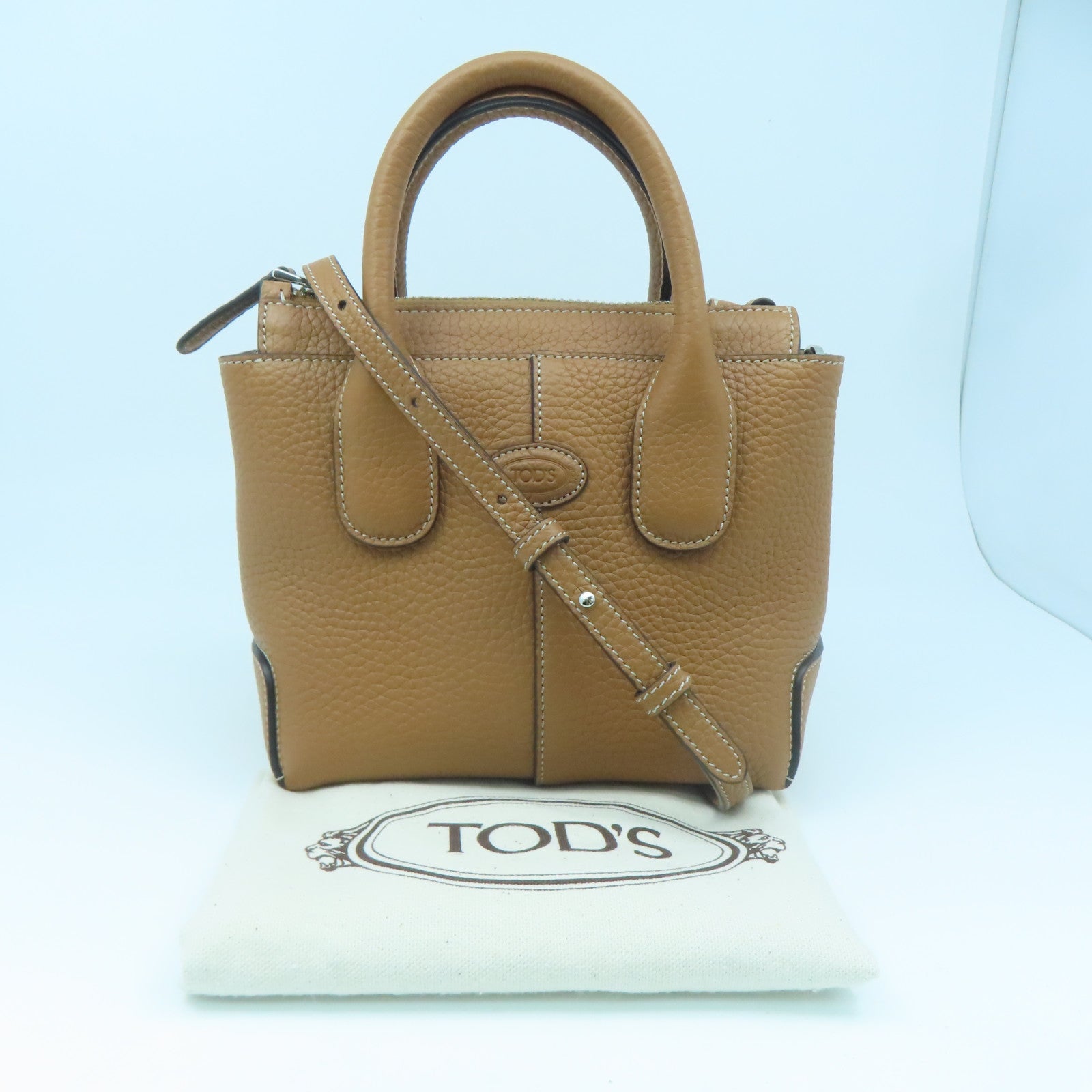 TOD'S Cowhide Leather 2way Shoulder Bag Silver Buckle Handle Shoulder Bag Brown
