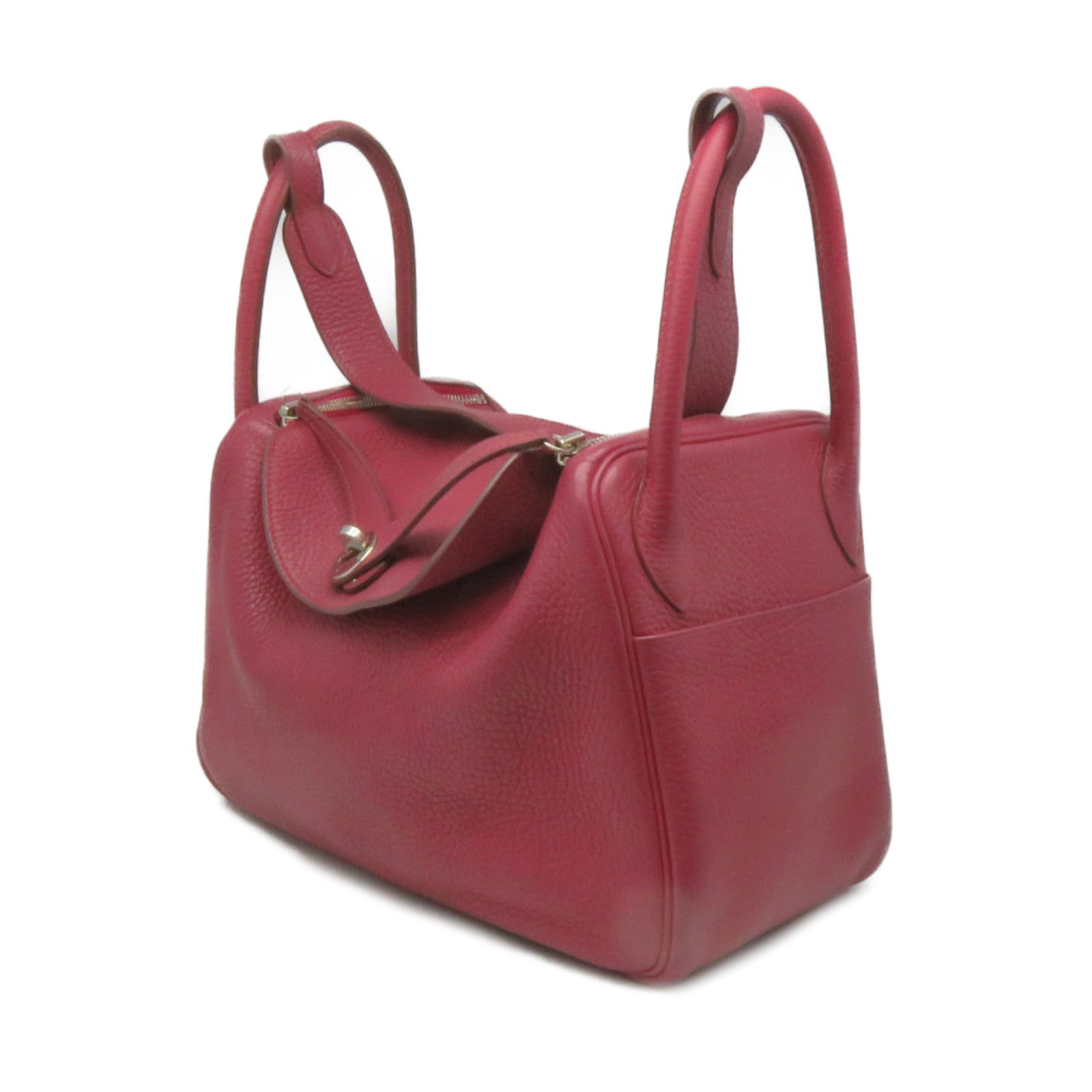 HERMES Clemence Leather Lindy 30 2Way Shoulder Bag Silver Buckle Handle Shoulder Bag Ruby Wine Red