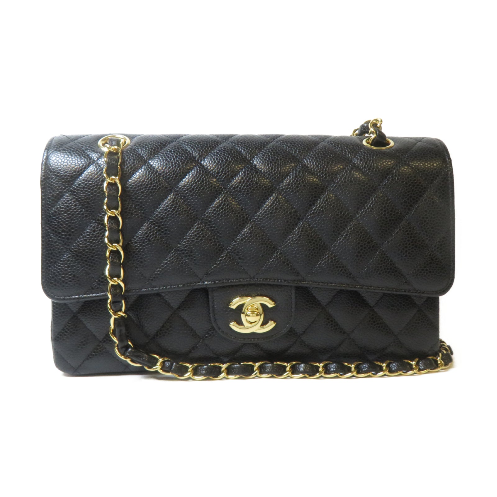CHANEL 菱格Caviar皮革Classic 25cm金扣鏈帶肩背袋黑色