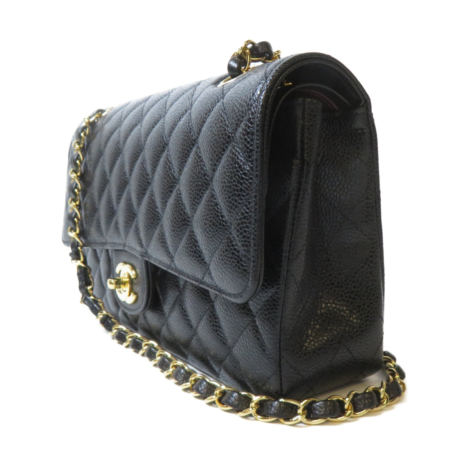 CHANEL 菱格Caviar皮革Classic 25cm金扣鏈帶肩背袋黑色