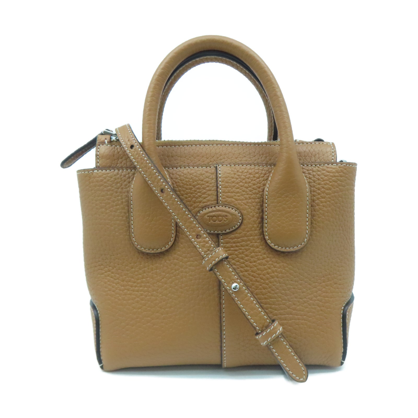 TOD'S Cowhide Leather 2way Shoulder Bag Silver Buckle Handle Shoulder Bag Brown
