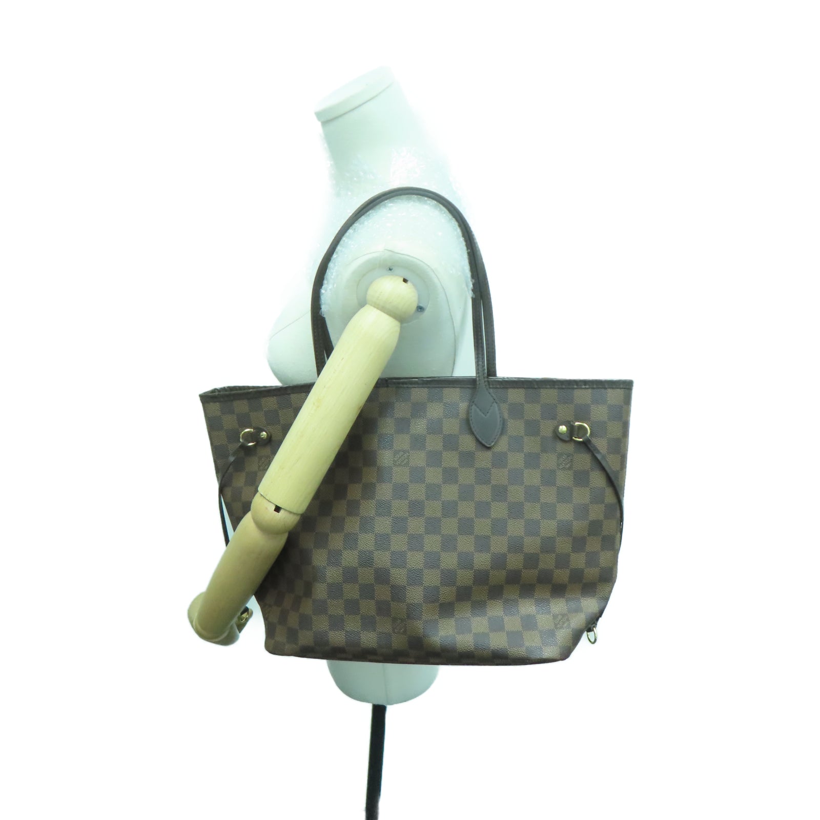 LOUIS VUITTON Damier Neverfull MM金扣手挽袋棕色