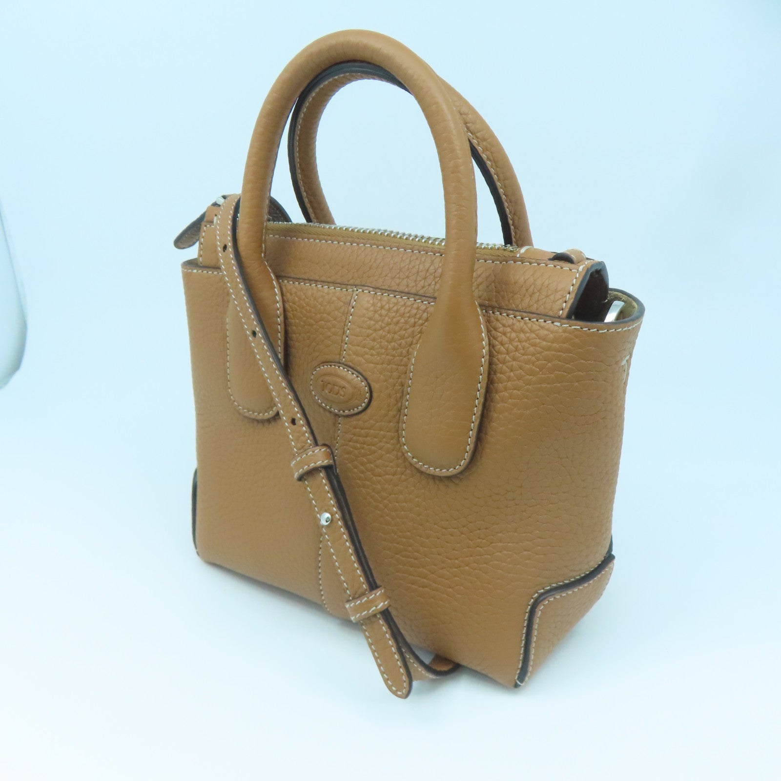 TOD'S Cowhide Leather 2way Shoulder Bag Silver Buckle Handle Shoulder Bag Brown