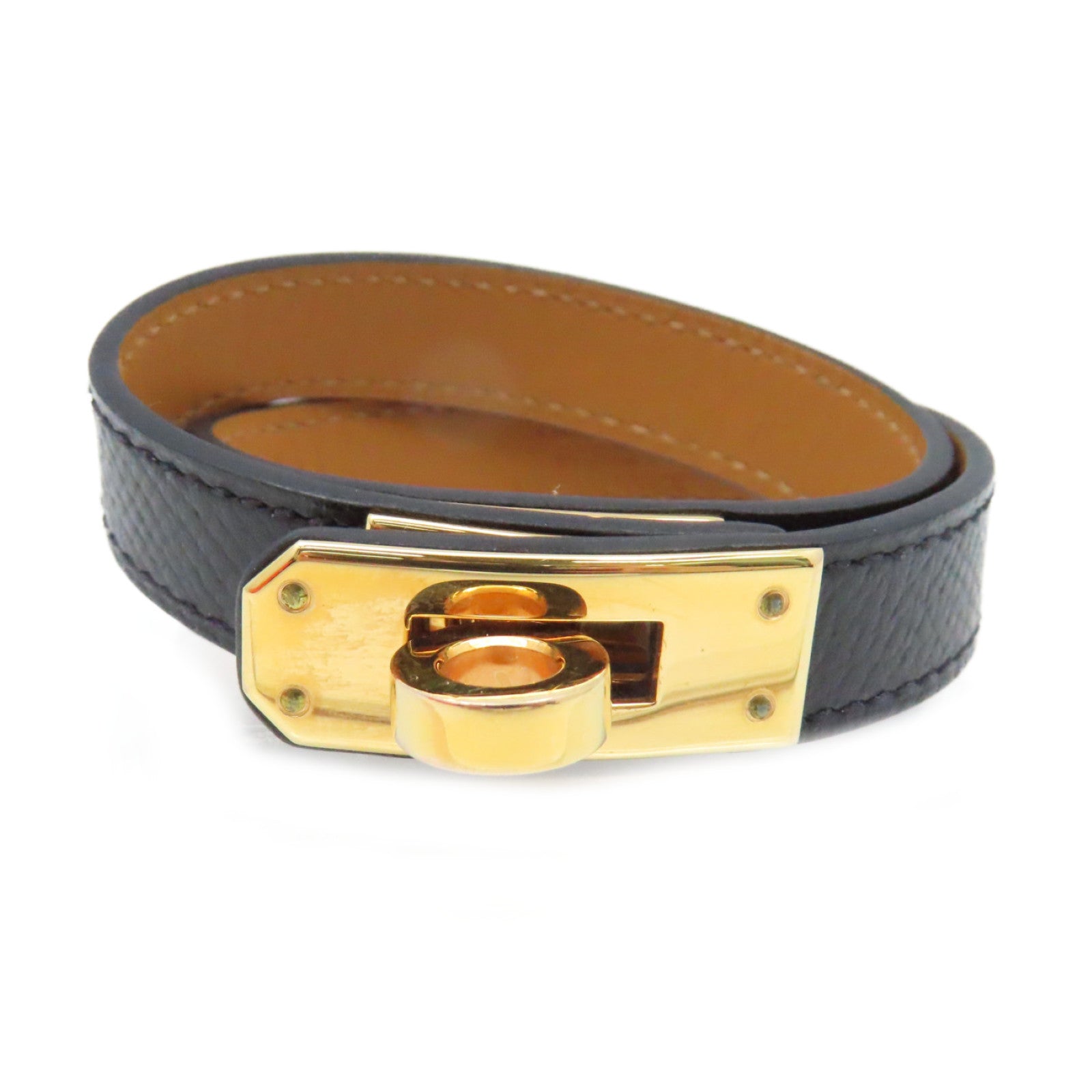 HERMES Epsom皮革Double Tour Bracelet金扣手環黑色