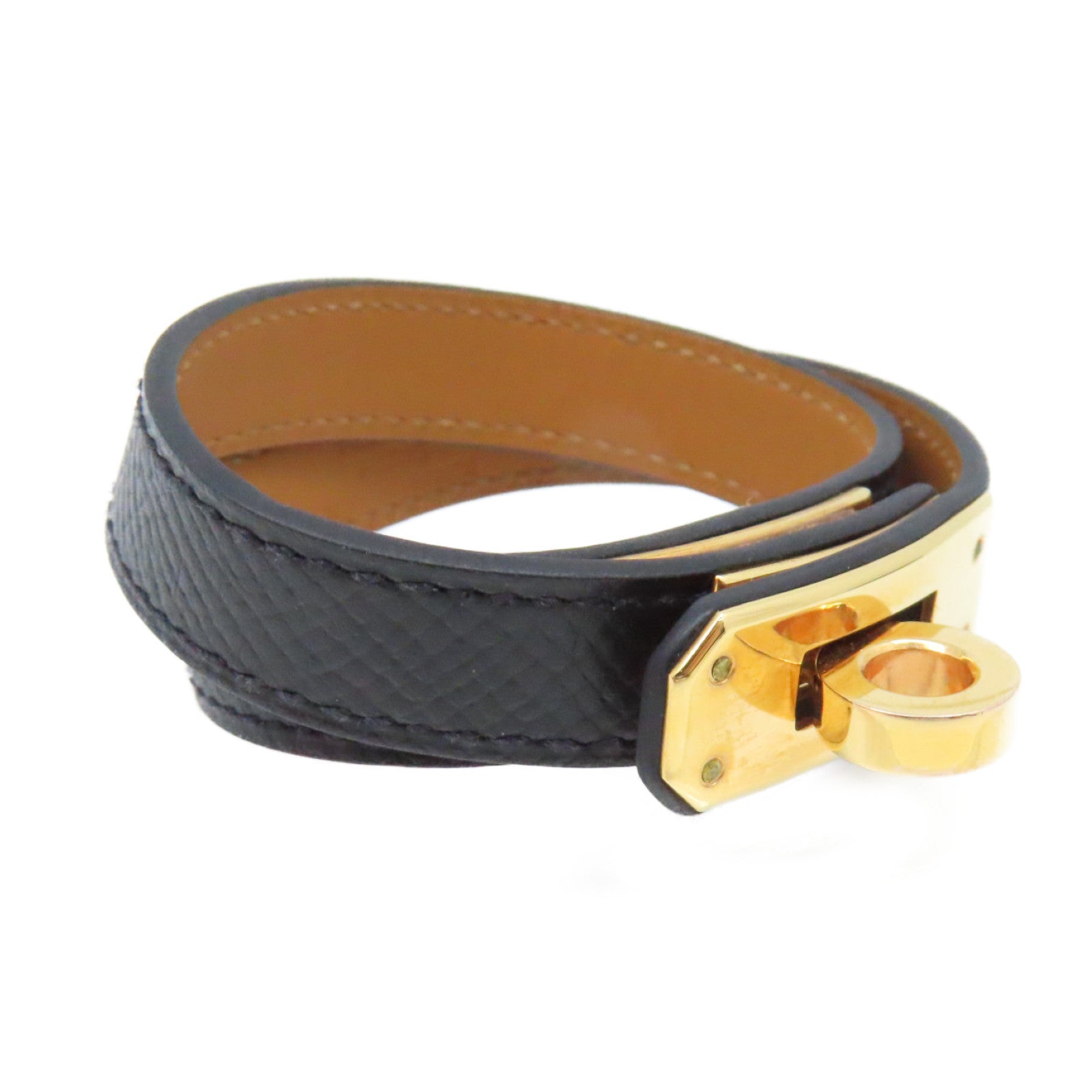 HERMES Epsom皮革Double Tour Bracelet金扣手環黑色