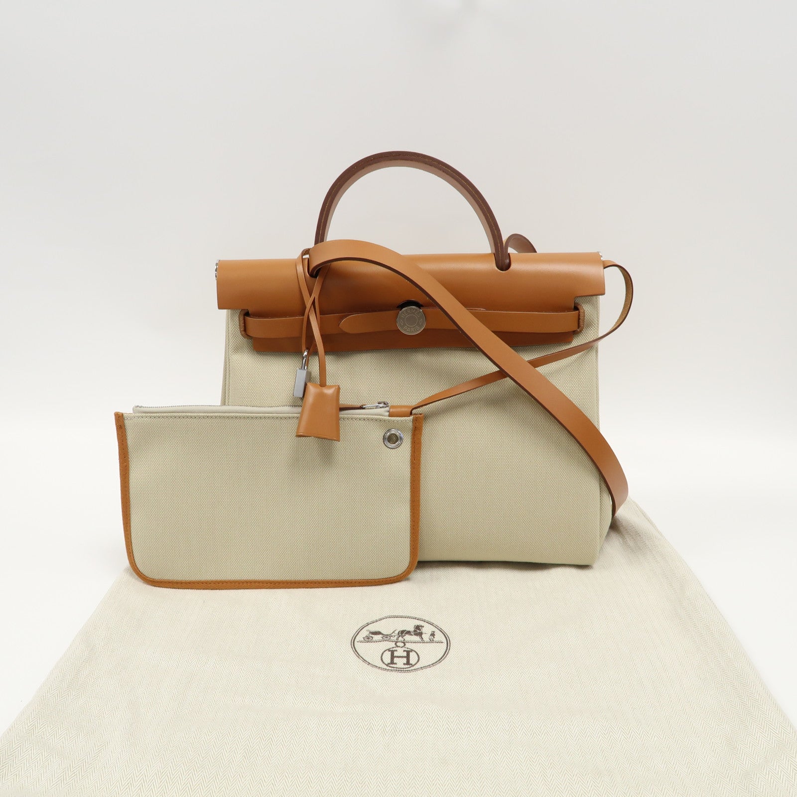 HERMES 帆布Herbag PM銀扣手挽肩背兩用袋冰川白色/啡色