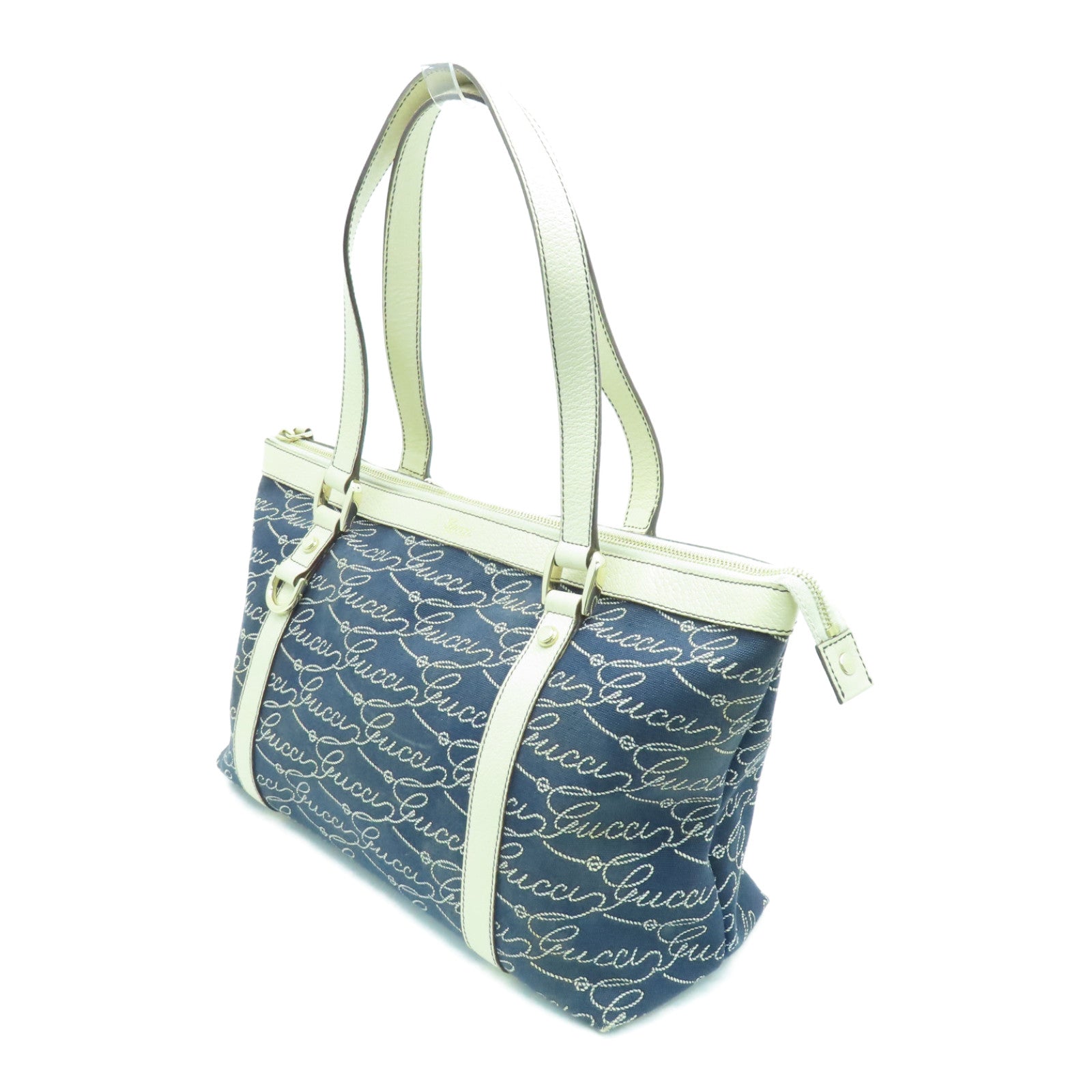 GUCCI 帆布Shoulder Bag銀扣肩背袋深藍色/白色