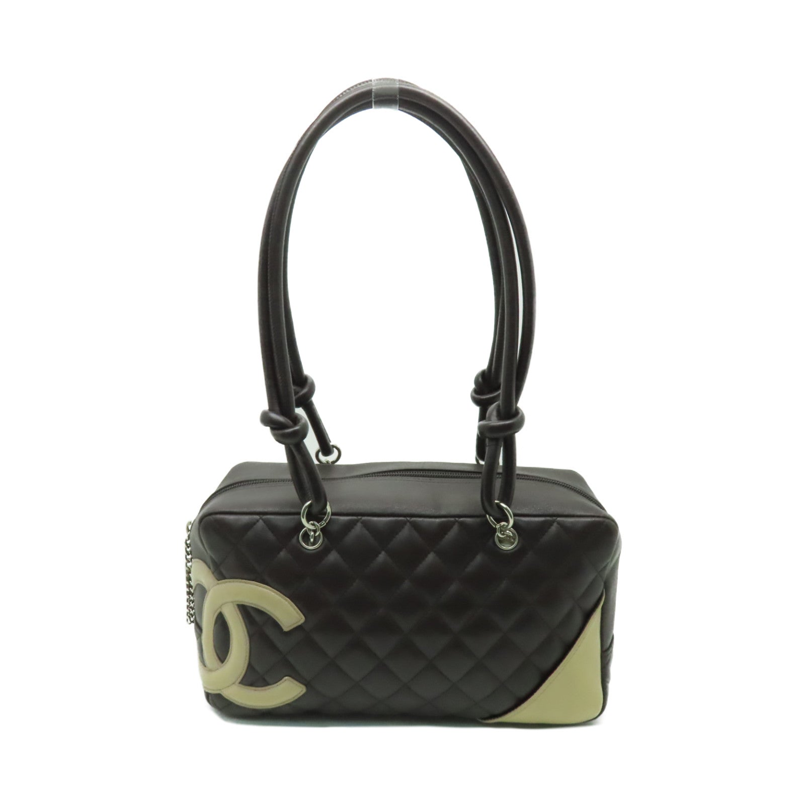 CHANEL 【激減優惠】菱格牛皮皮革Cambon Line銀扣肩背袋啡色