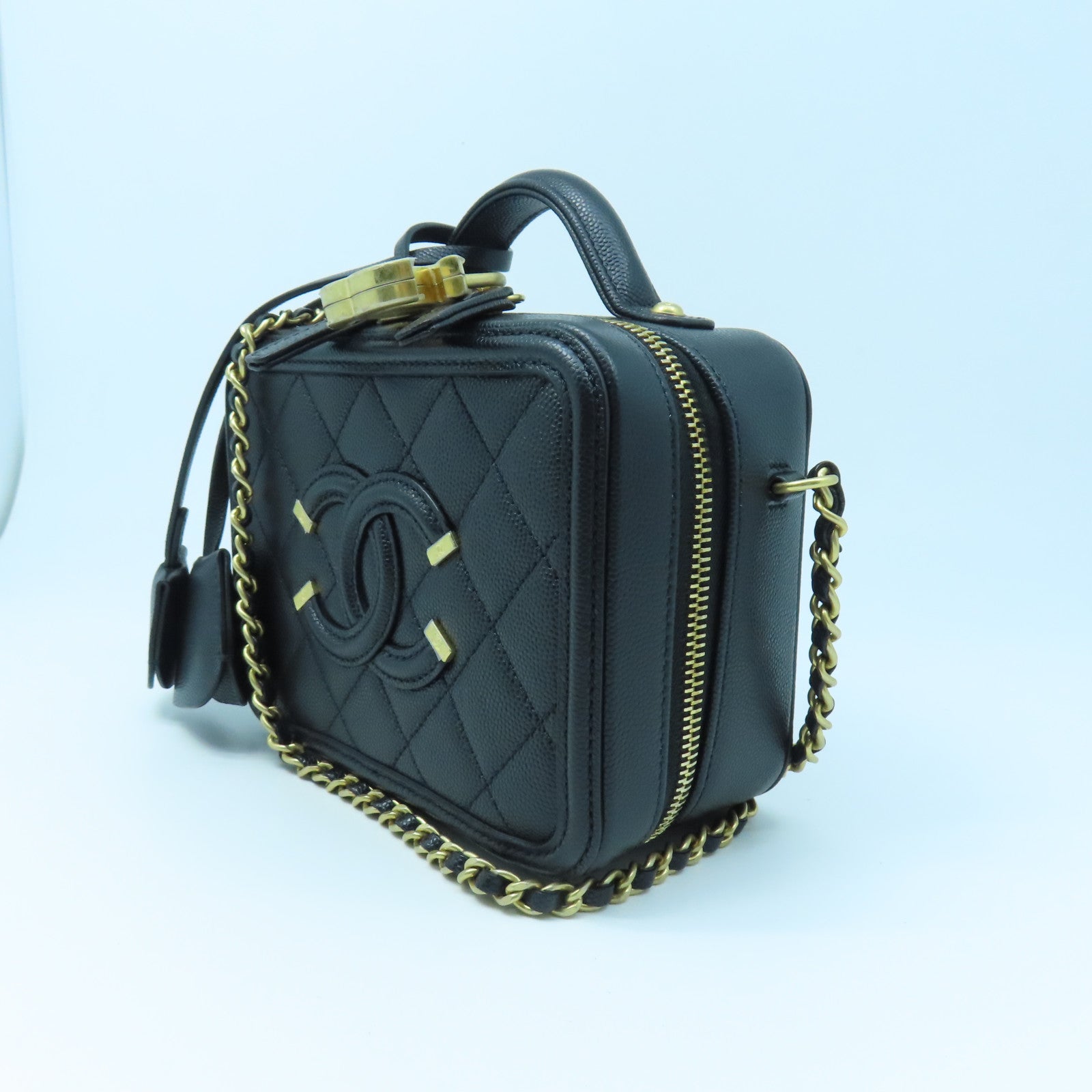 CHANEL 菱格Caviar皮革Vanity Case金扣手挽肩背两用袋黑色