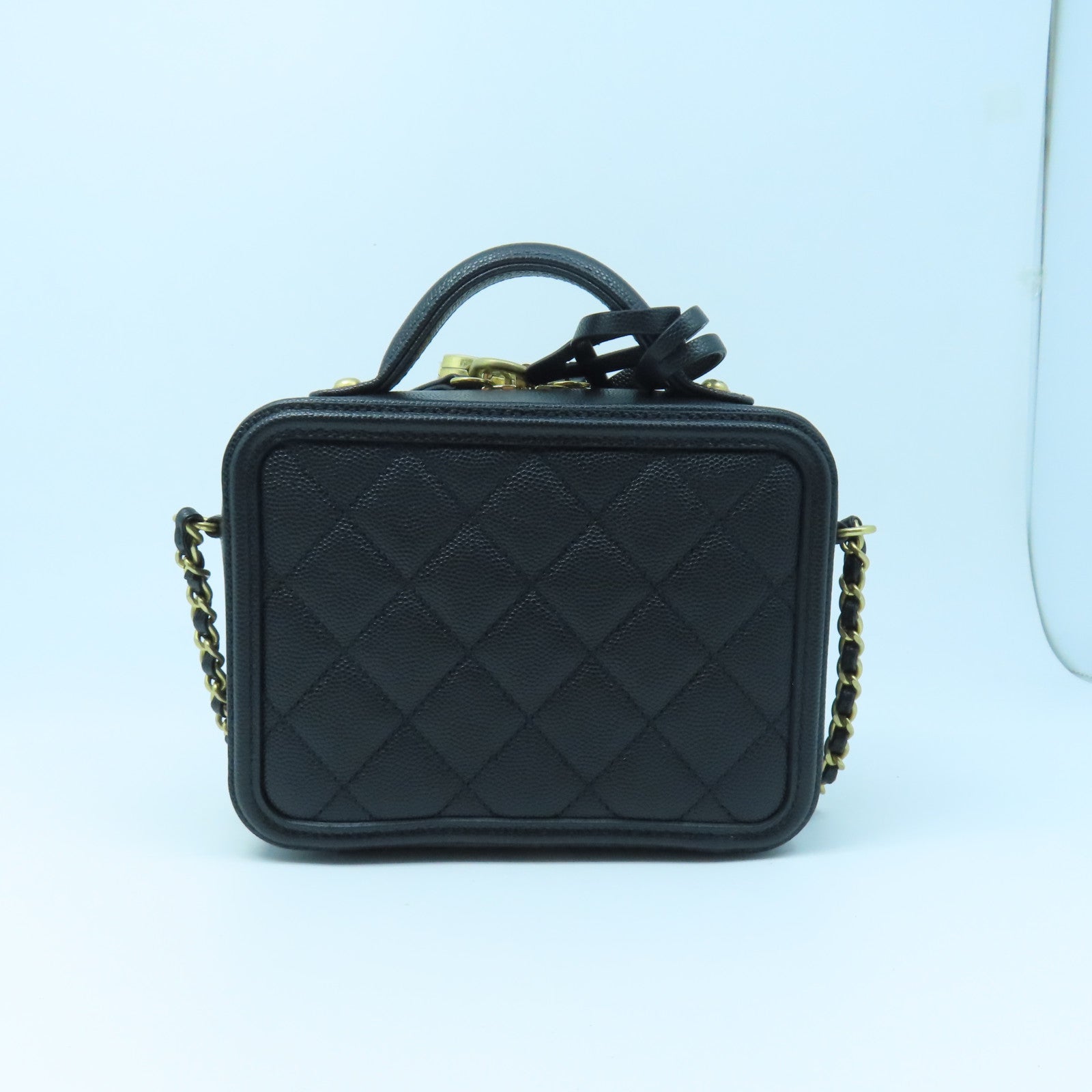 CHANEL 菱格Caviar皮革Vanity Case金扣手挽肩背两用袋黑色