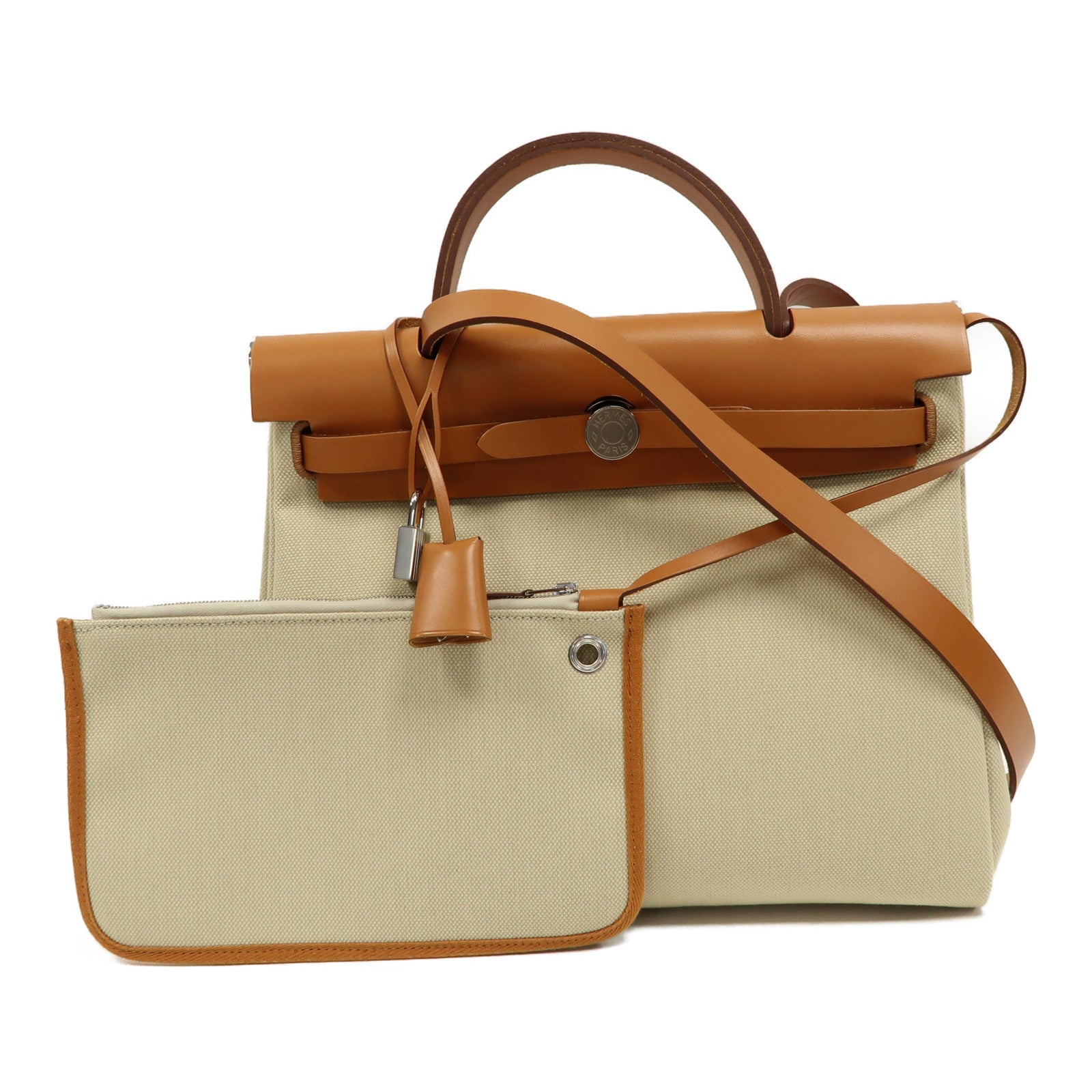 HERMES 帆布Herbag PM銀扣手挽肩背兩用袋冰川白色/啡色
