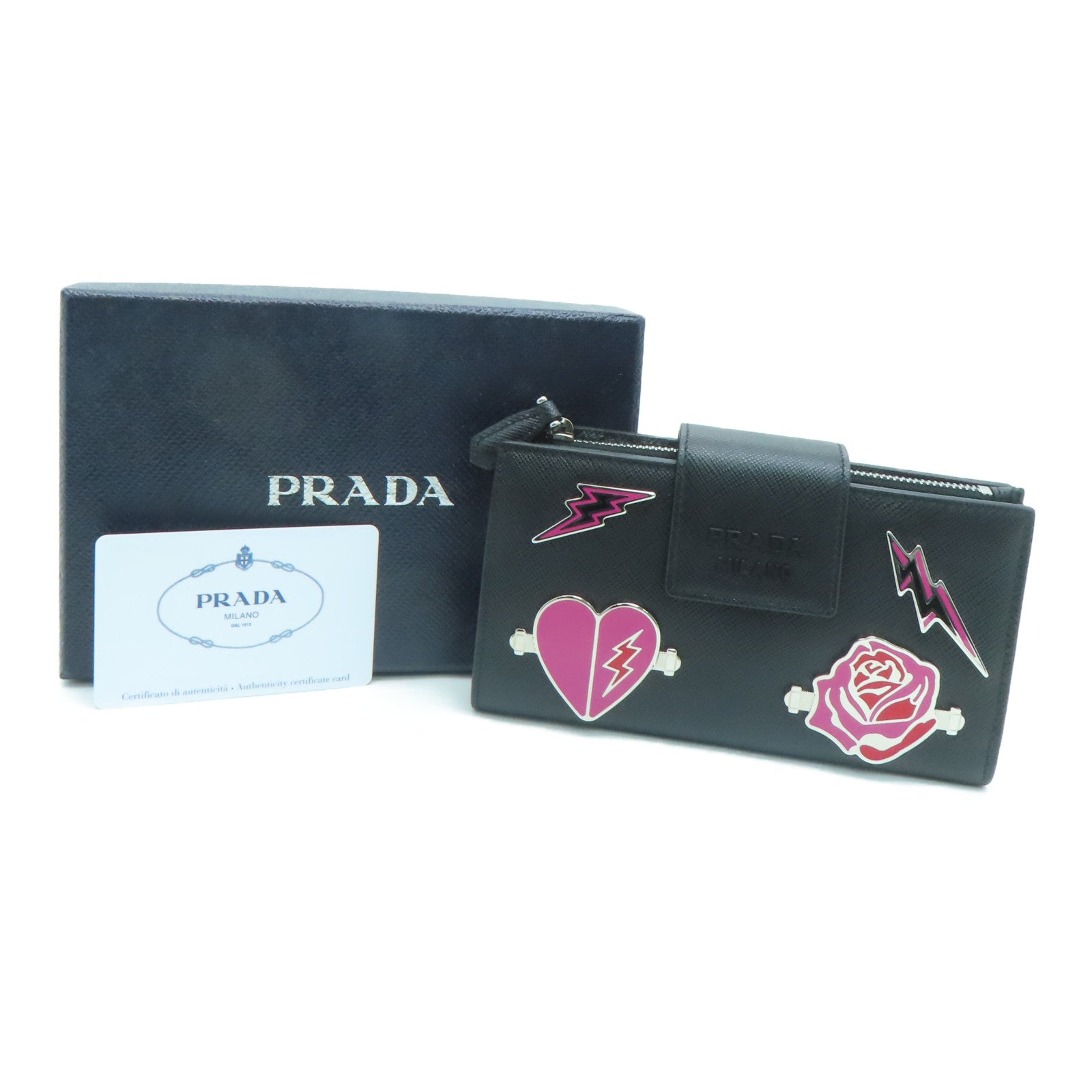 PRADA Saffiano牛皮皮革Wallet银扣钱包黑色