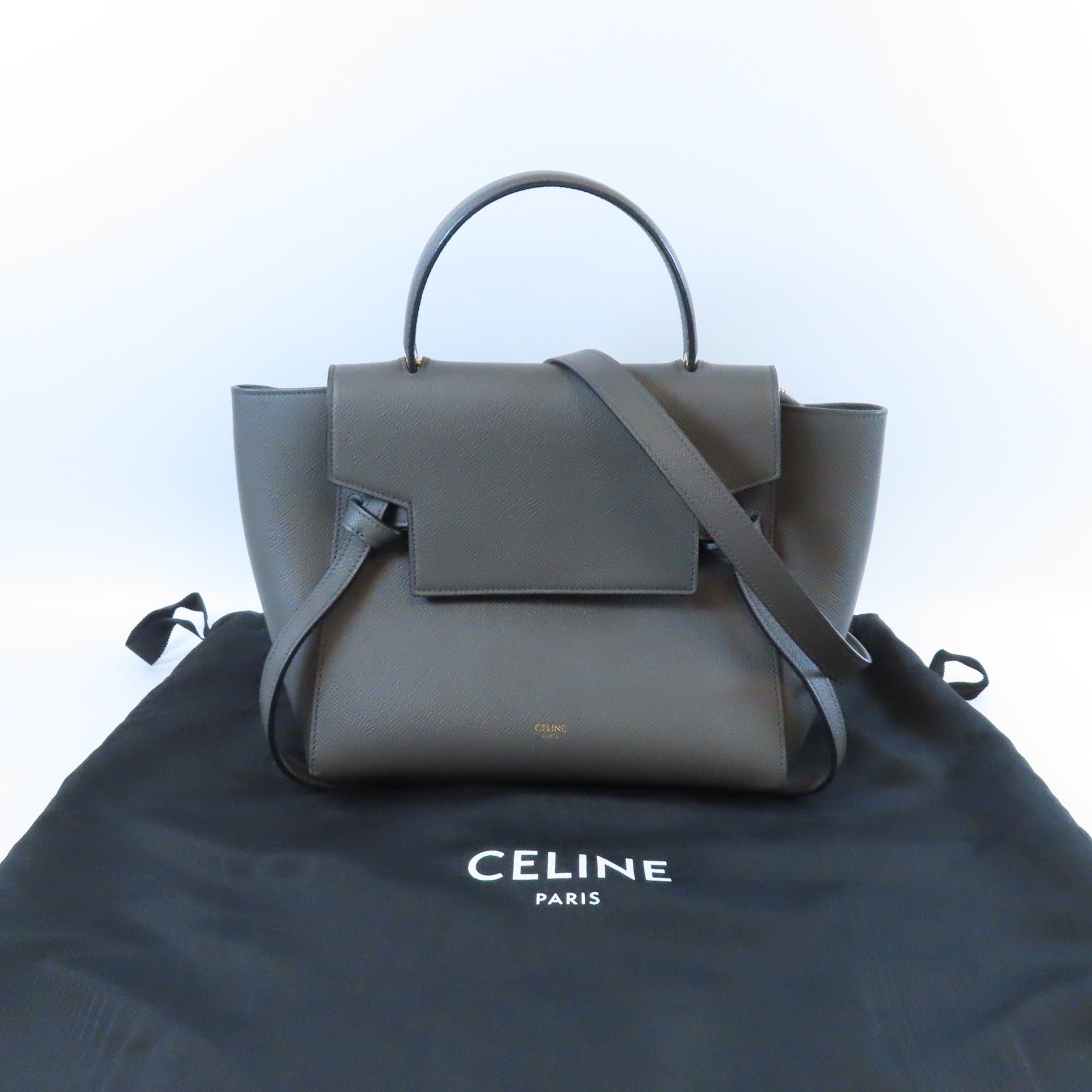 CELINE 牛皮皮革Belt金扣手挽肩背兩用袋灰色