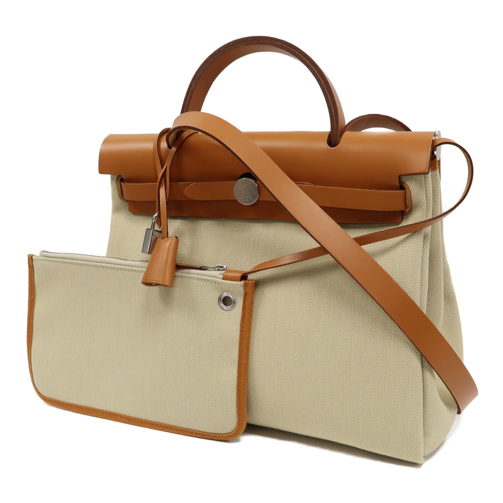 HERMES 帆布Herbag PM銀扣手挽肩背兩用袋冰川白色/啡色