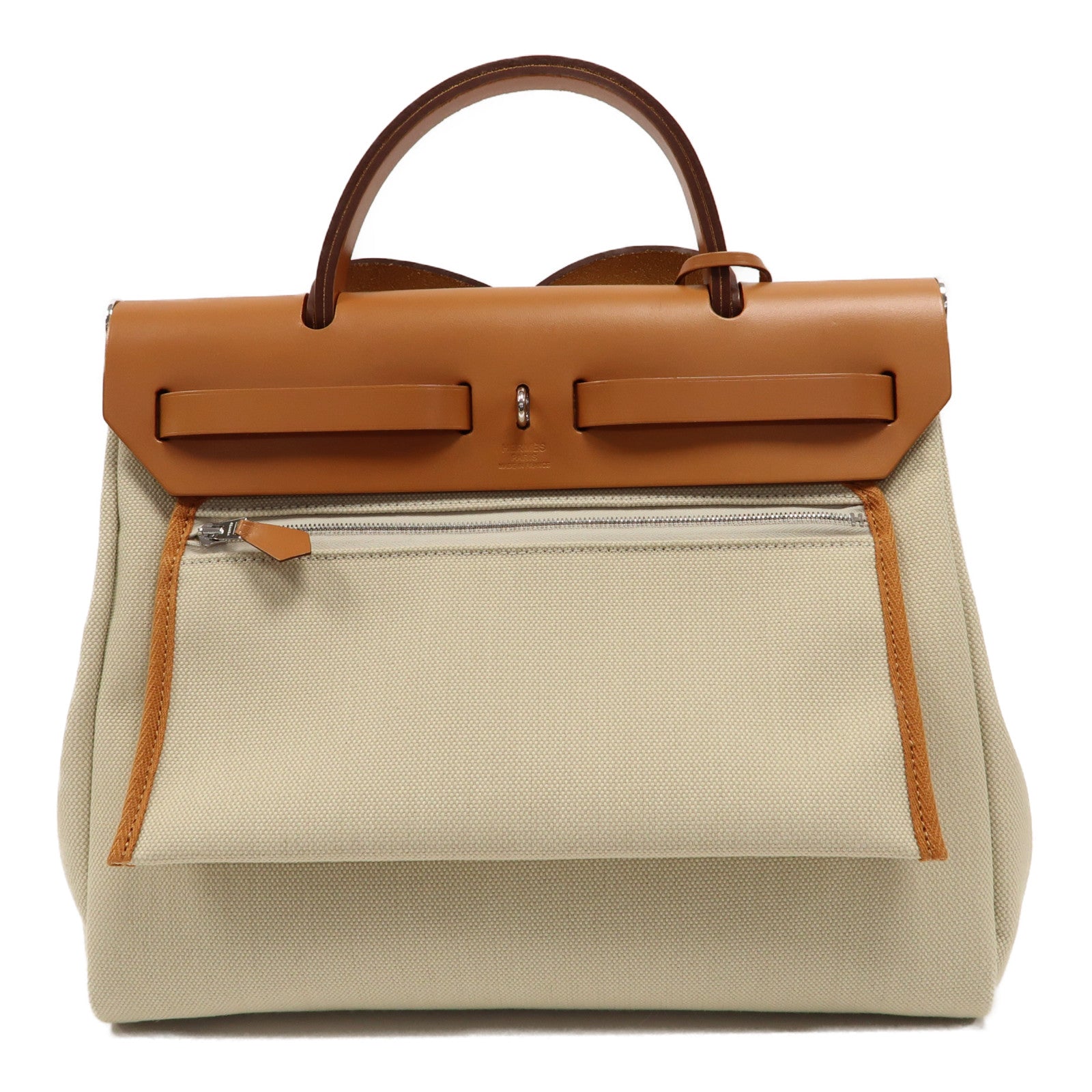 HERMES 帆布Herbag PM銀扣手挽肩背兩用袋冰川白色/啡色